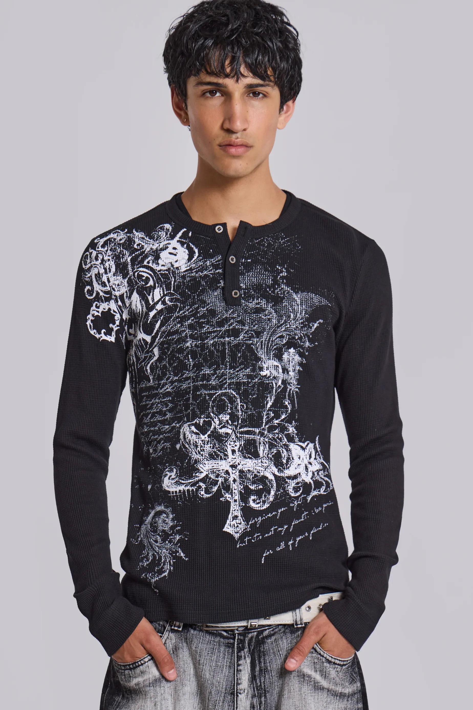 Jaded London Anointed Black Waffle Henley T-Shirt- T-shirts & Vests | Tops