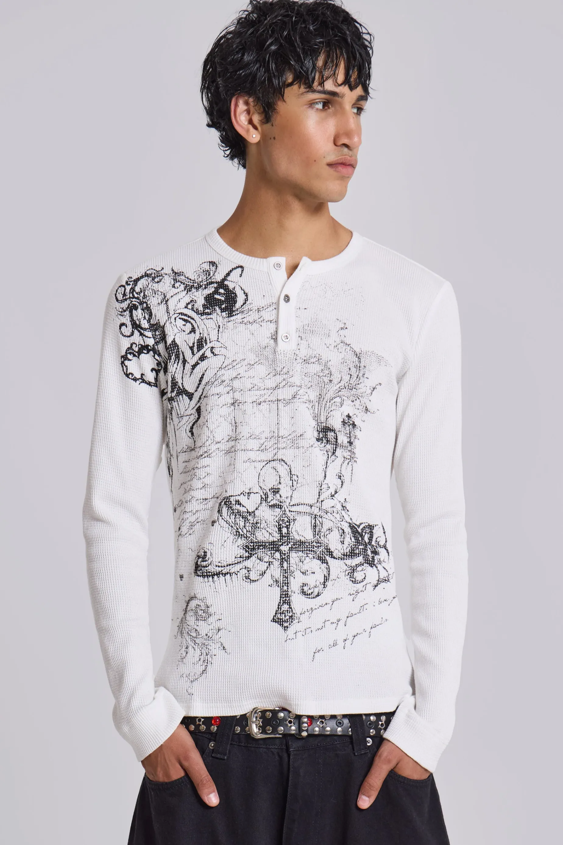 Jaded London Anointed White Waffle Henley T-Shirt- T-shirts & Vests | Tops