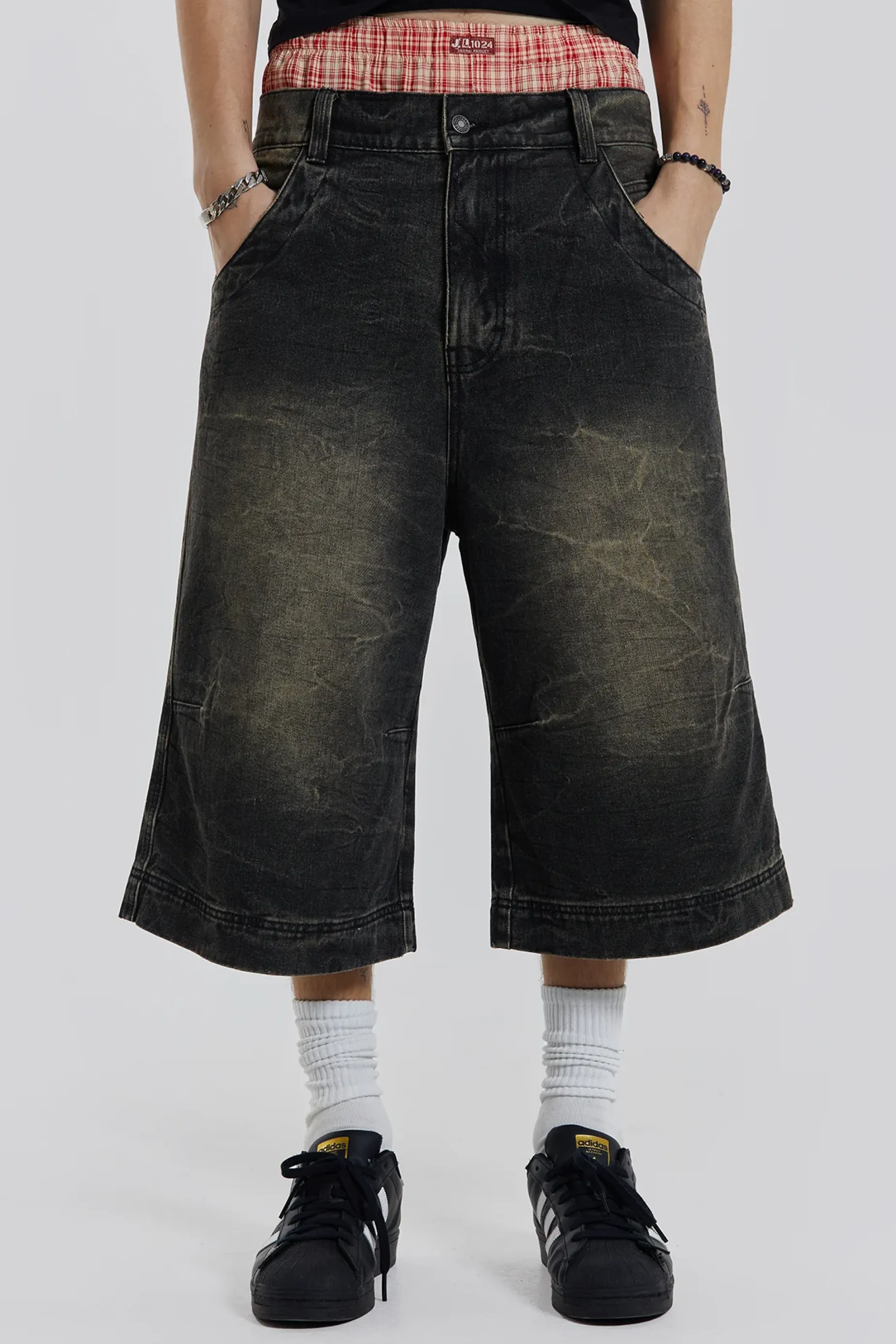 Jaded London Axle Black Crease Wash Denim Jorts- Jorts & Shorts | Jorts