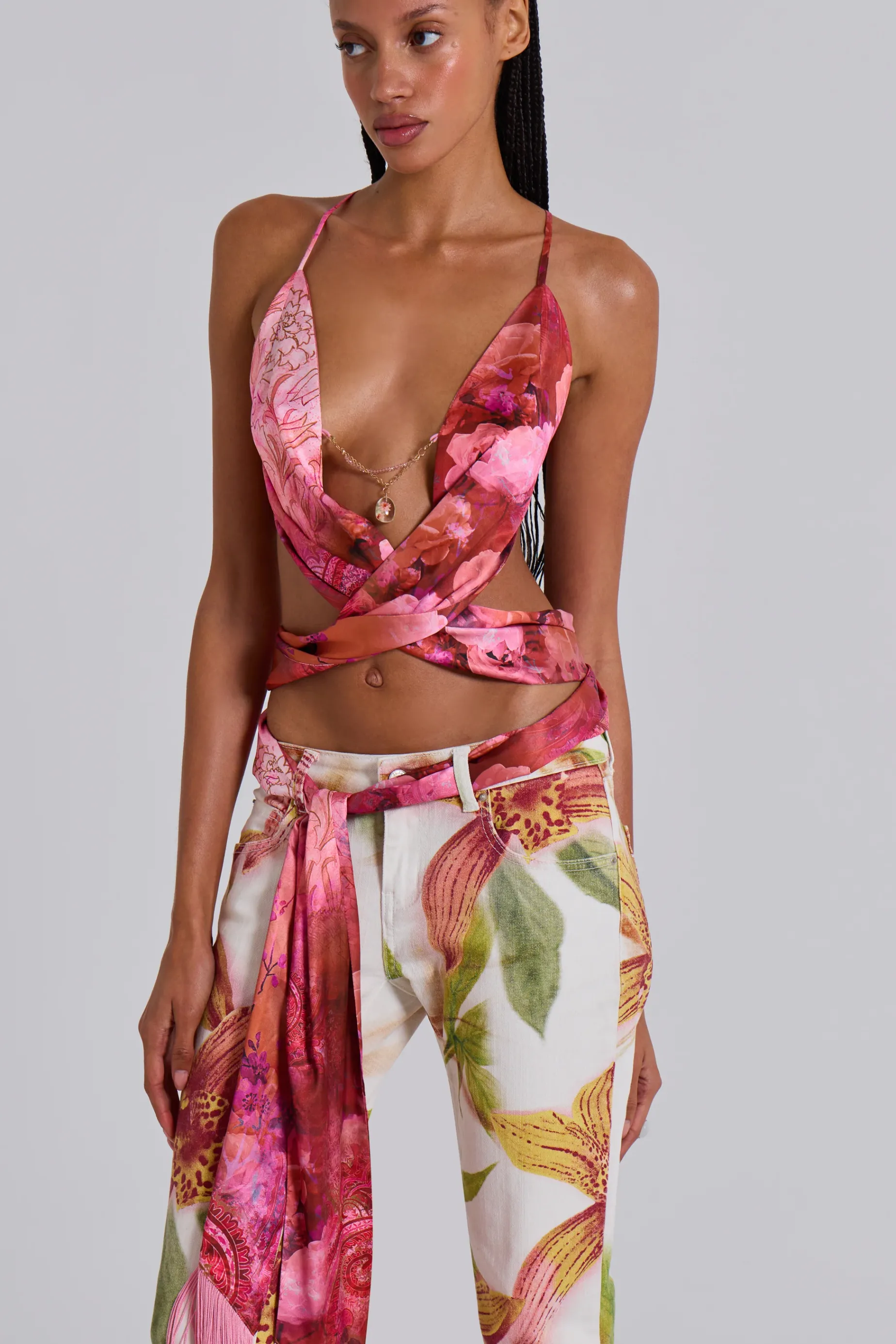 Jaded London Ayla Satin Backless Plunge Wrap Top In Rosa-Women Crop Tops