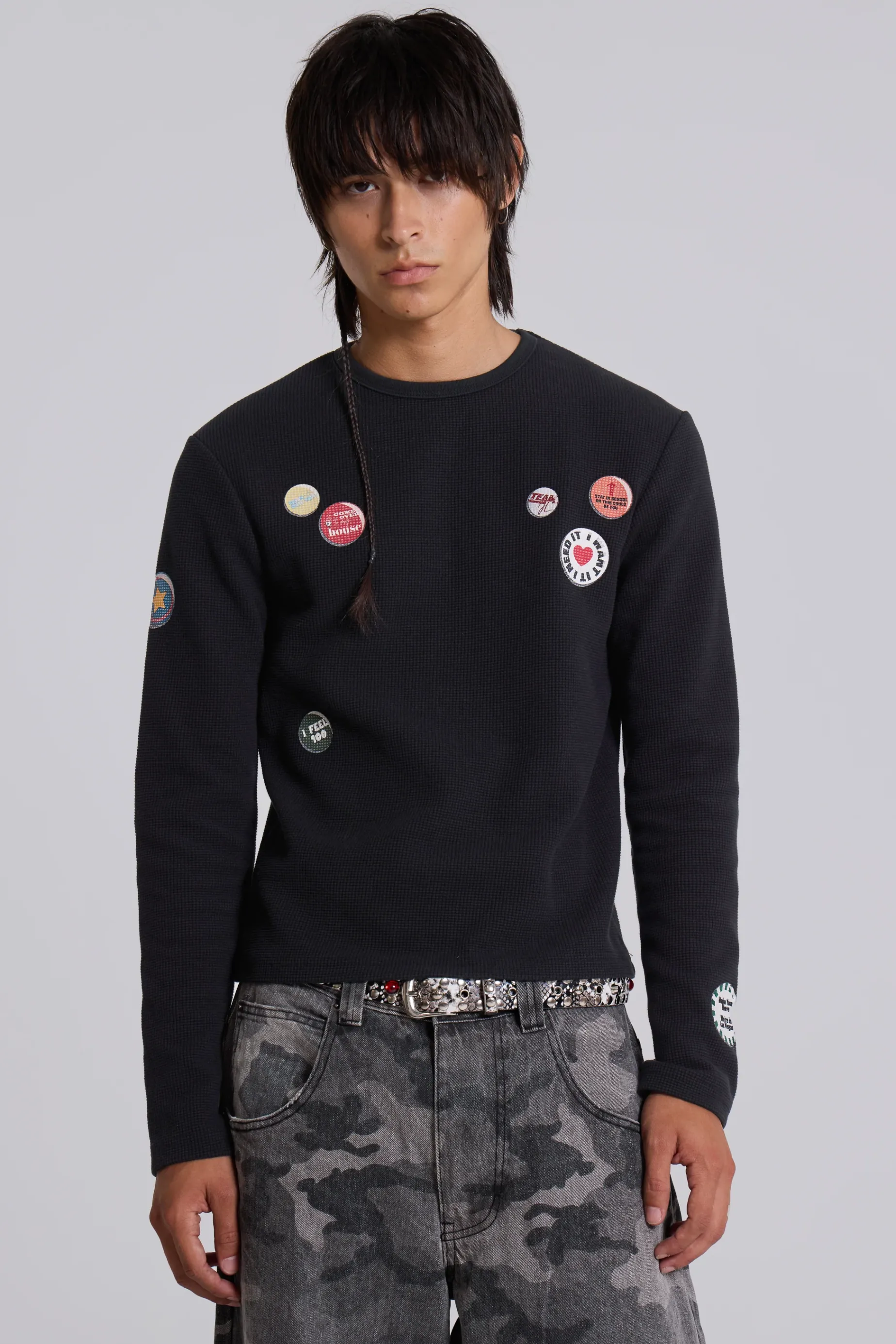 Jaded London Badge Waffle Long Sleeve T-shirt- T-shirts & Vests | Tops