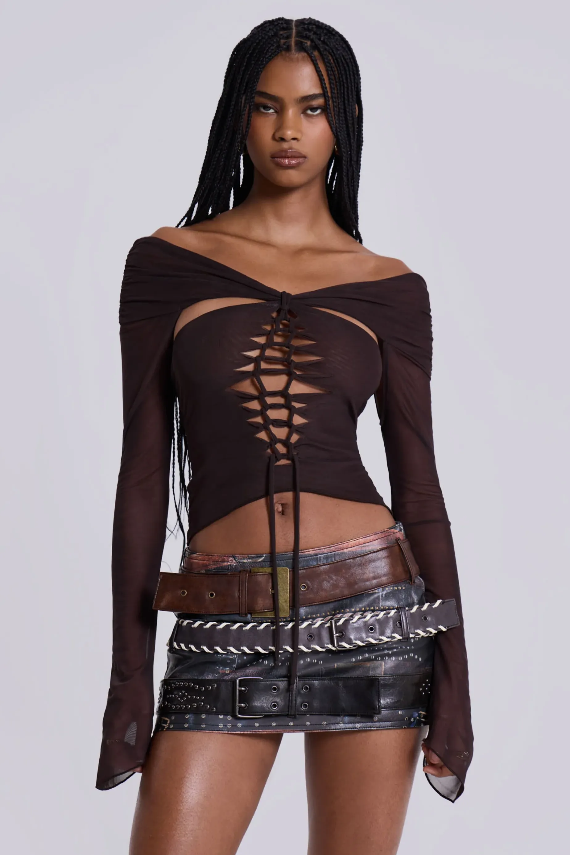 Jaded London Bianca Macrame Off Shoulder Mesh Top-Women Crop Tops | Long Sleeve Tops