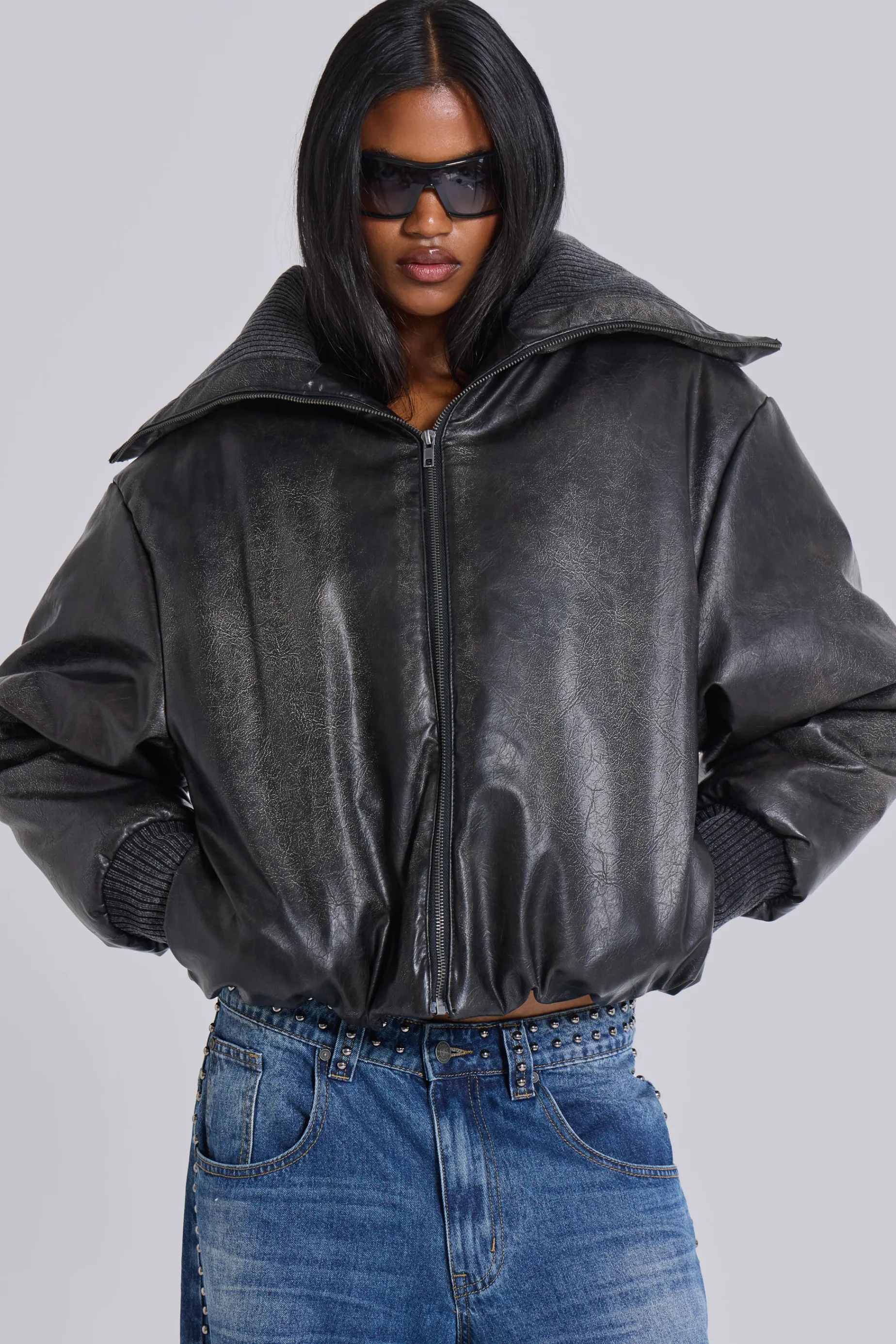 Jaded London Black Alloy Vegan Leather Bomber Jacket-Women Jackets