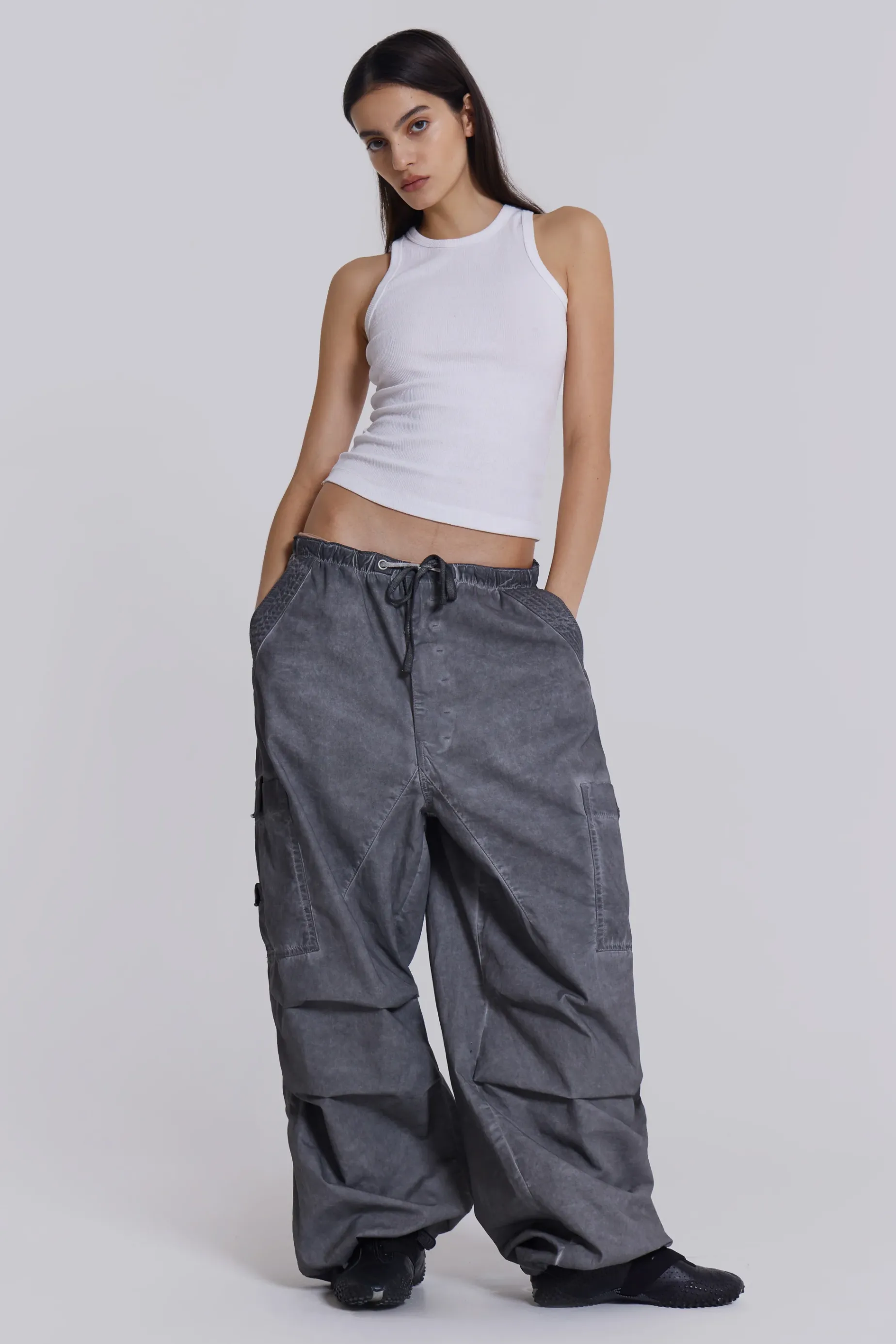 Jaded London Black Oil Wash Parachute Pants-Women Cargo Pants | Parachute Pants