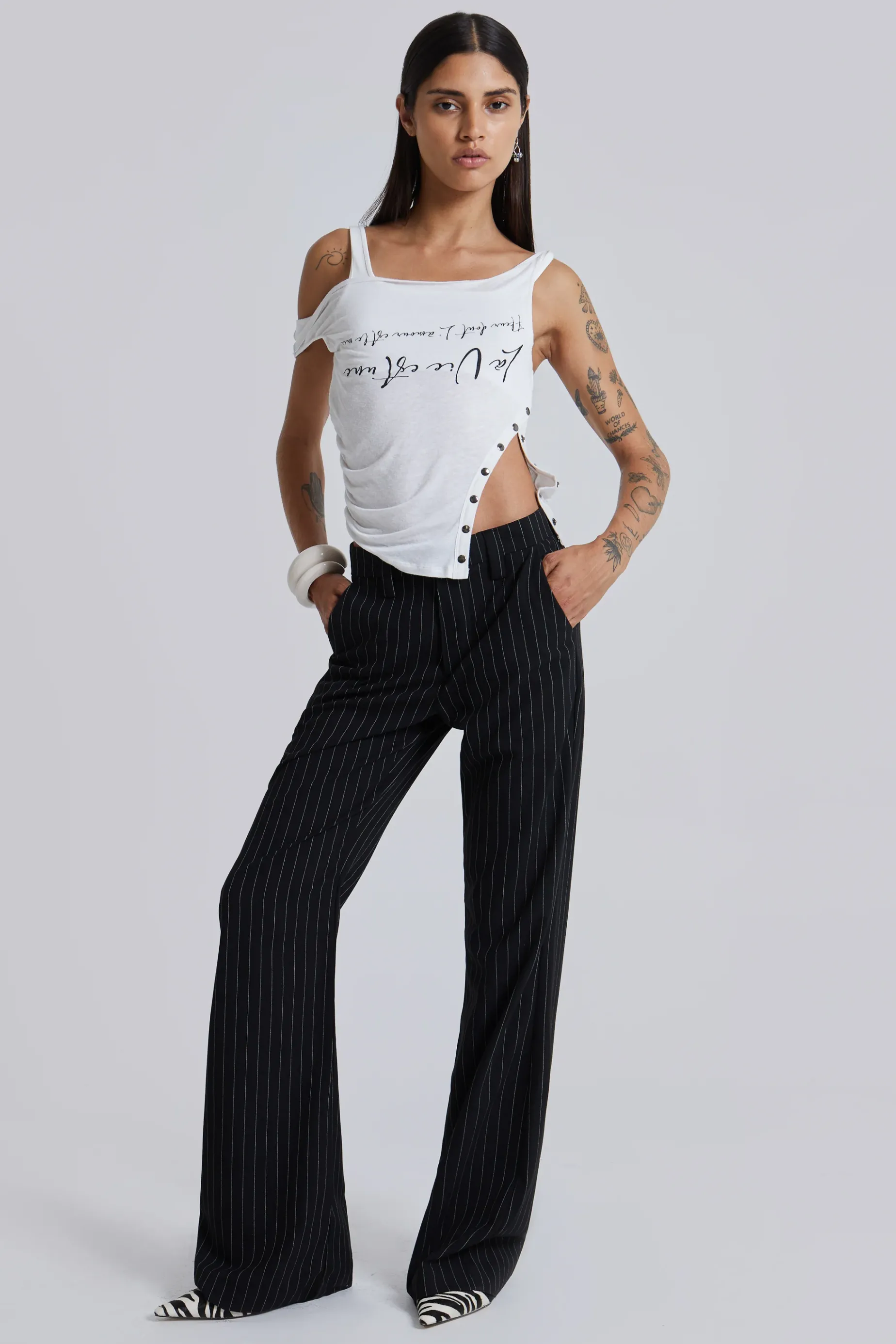 Jaded London Black Pinstripe Stacked Bootcut Suit Pants-Women Trousers & Pants