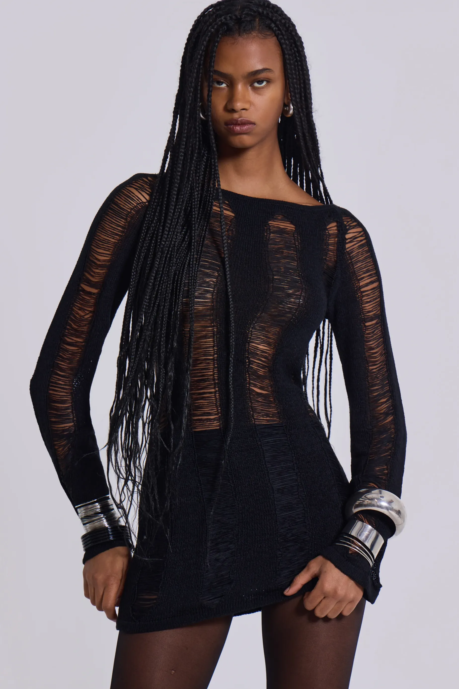 Jaded London Black Umbra Shredded Mini Dress-Women Knitwear