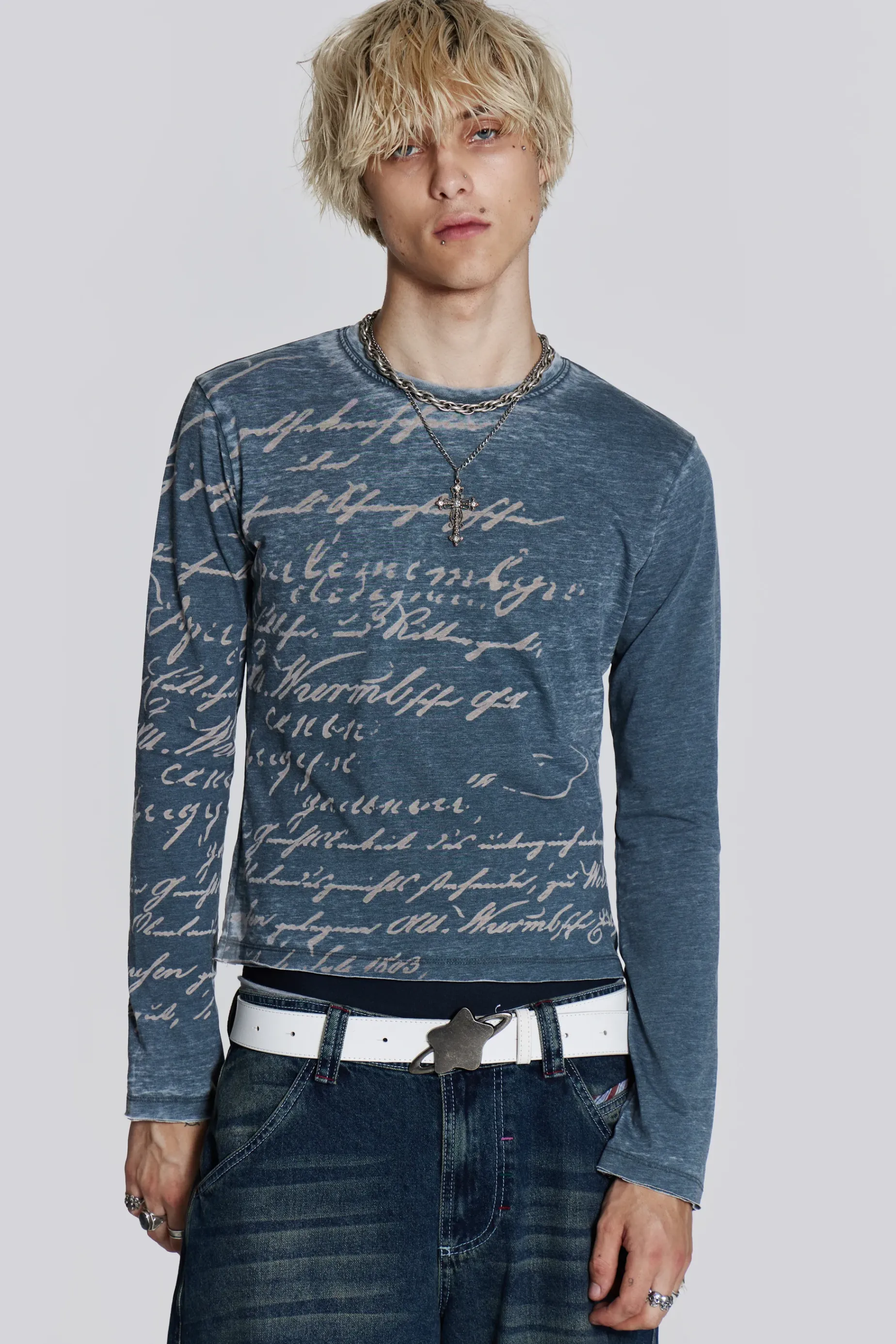 Jaded London Burnout Handwritten Long Sleeve Tee- T-shirts & Vests | Tops