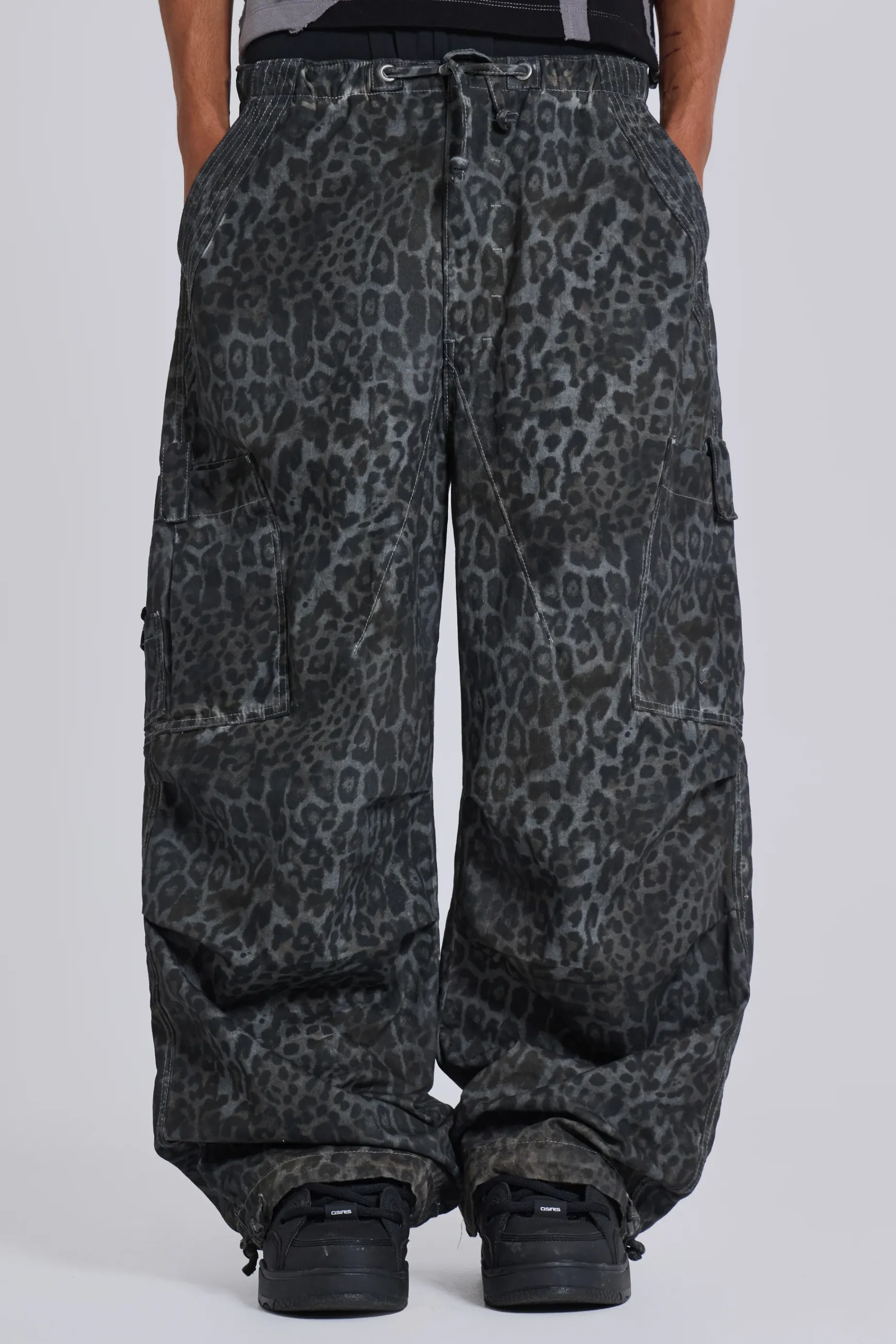 Jaded London Charcoal Leopard Parachute Pants- Cargo Pants | Cargo Pants