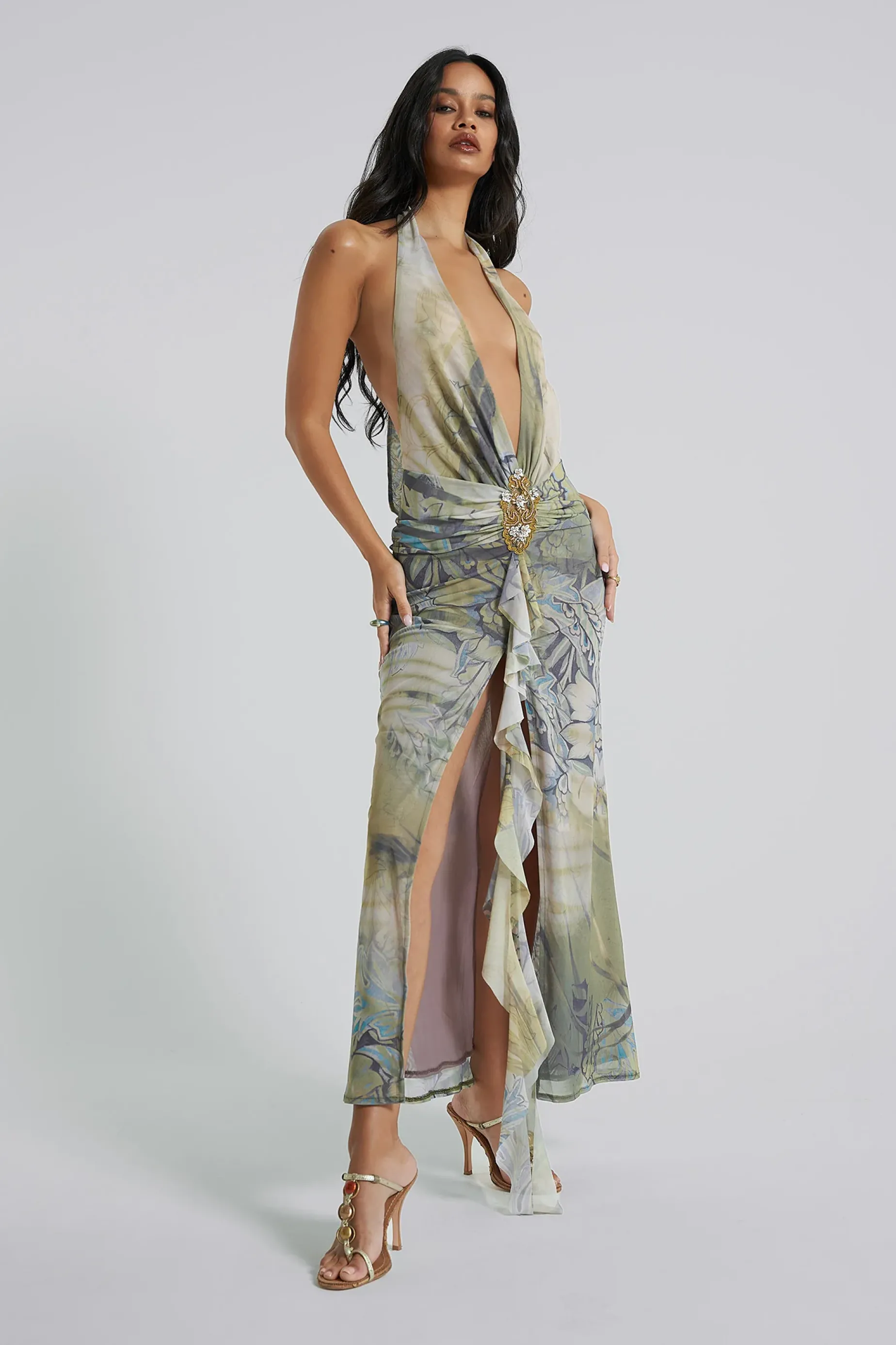 Jaded London Cindy Plunge Maxi Dress In Green-Women Maxi Dresses