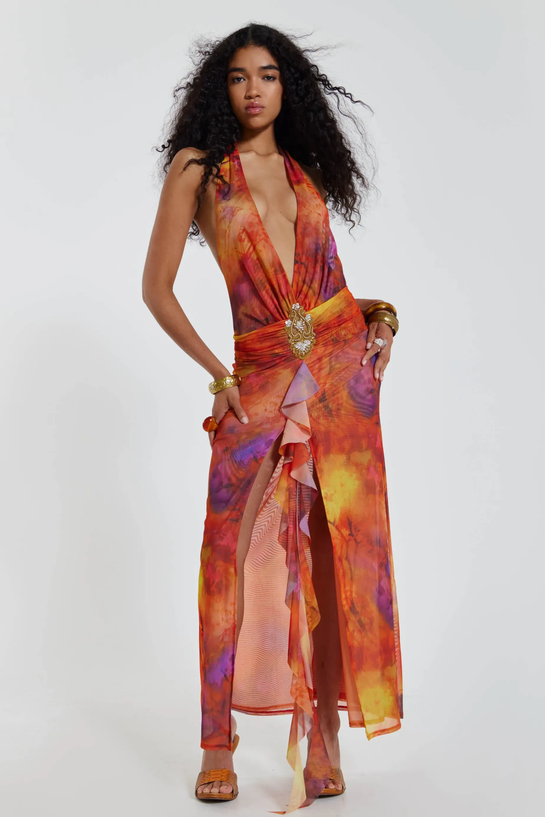 Jaded London Cindy Plunge Maxi Dress In Orange-Women Maxi Dresses