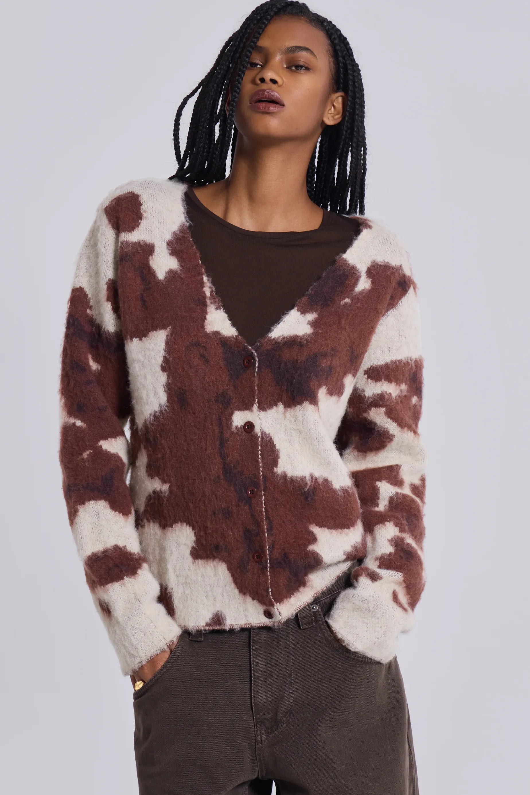 Jaded London Cow Print Chuck Cardigan-Women Knitwear