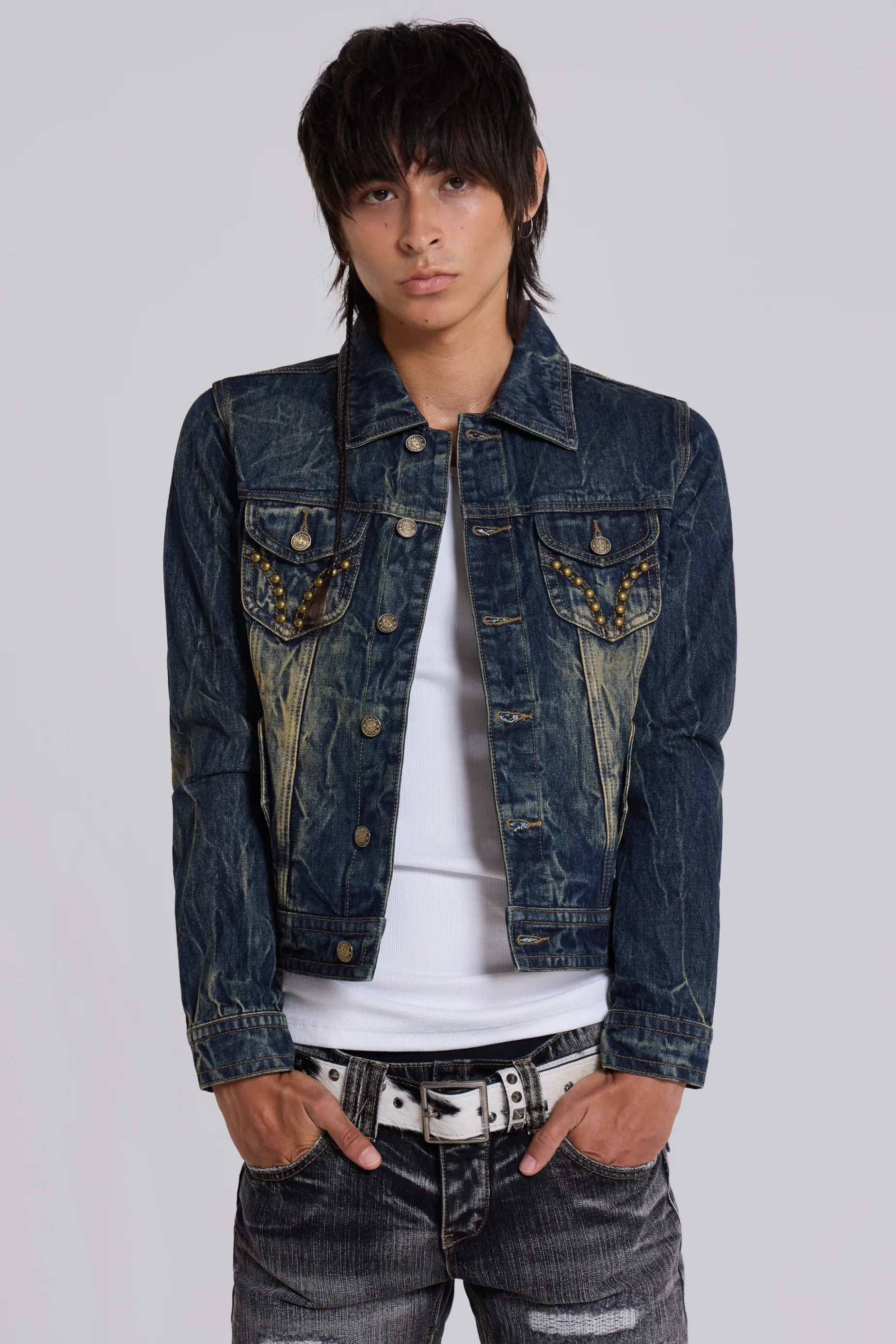 Jaded London Creased Wash Stud Denim Jacket- Outerwear