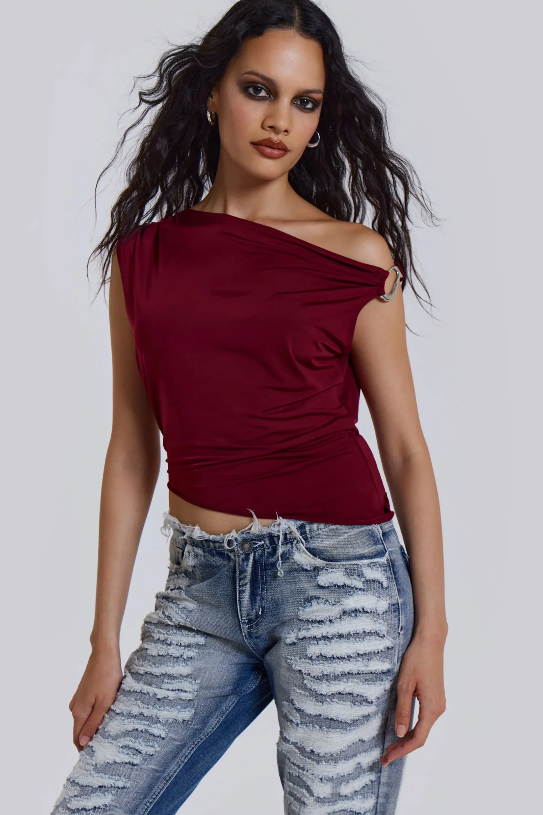 Jaded London Dare To Drape Top In Red Wine-Women Crop Tops