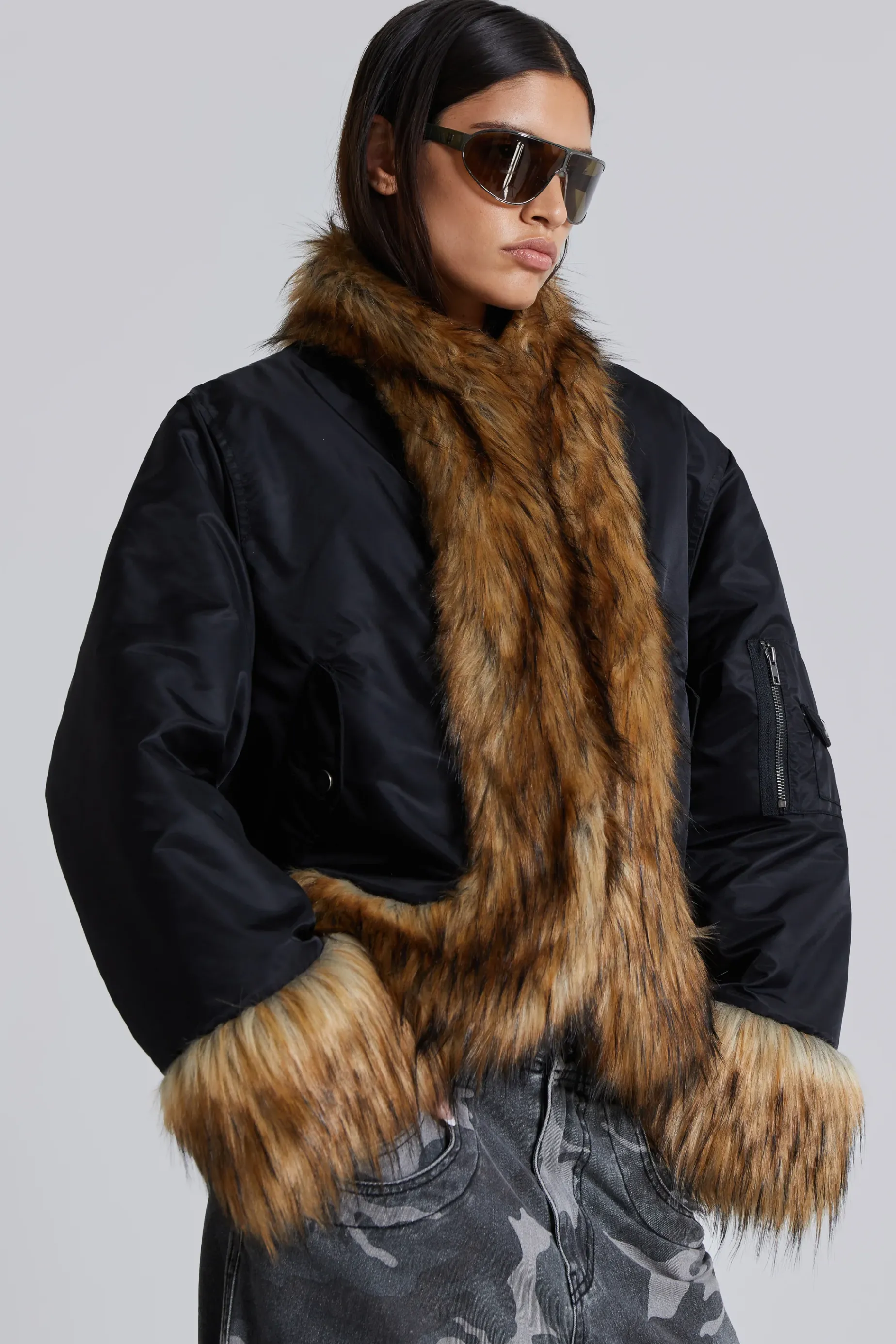 Jaded London Evren Faux Fur Bomber Jacket in Black-Women Faux Fur Jackets & Coats | Jackets