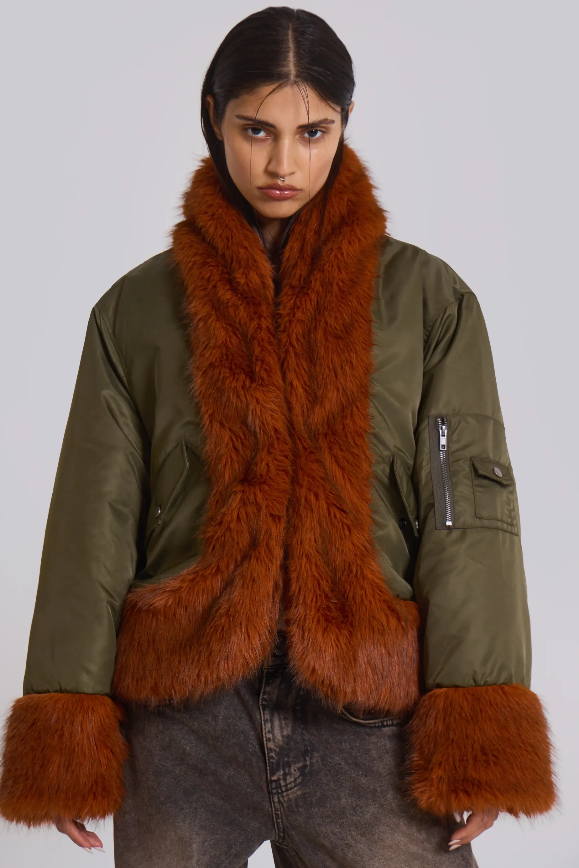 Jaded London Evren Faux Fur Bomber Jacket in Khaki-Women Faux Fur Jackets & Coats | Jackets