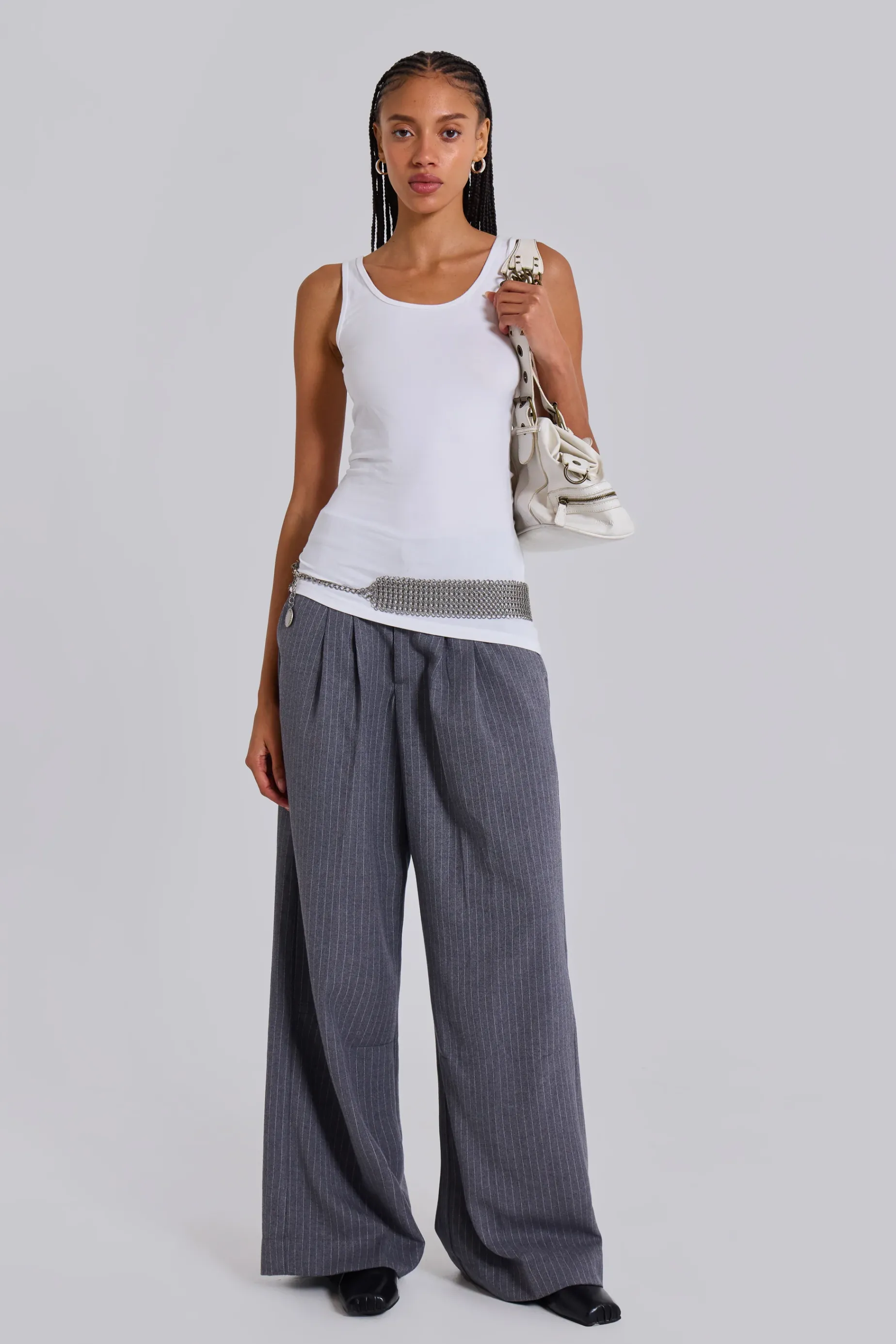 Jaded London Goliath Light Grey Pinstripe Suit Pants-Women Trousers & Pants