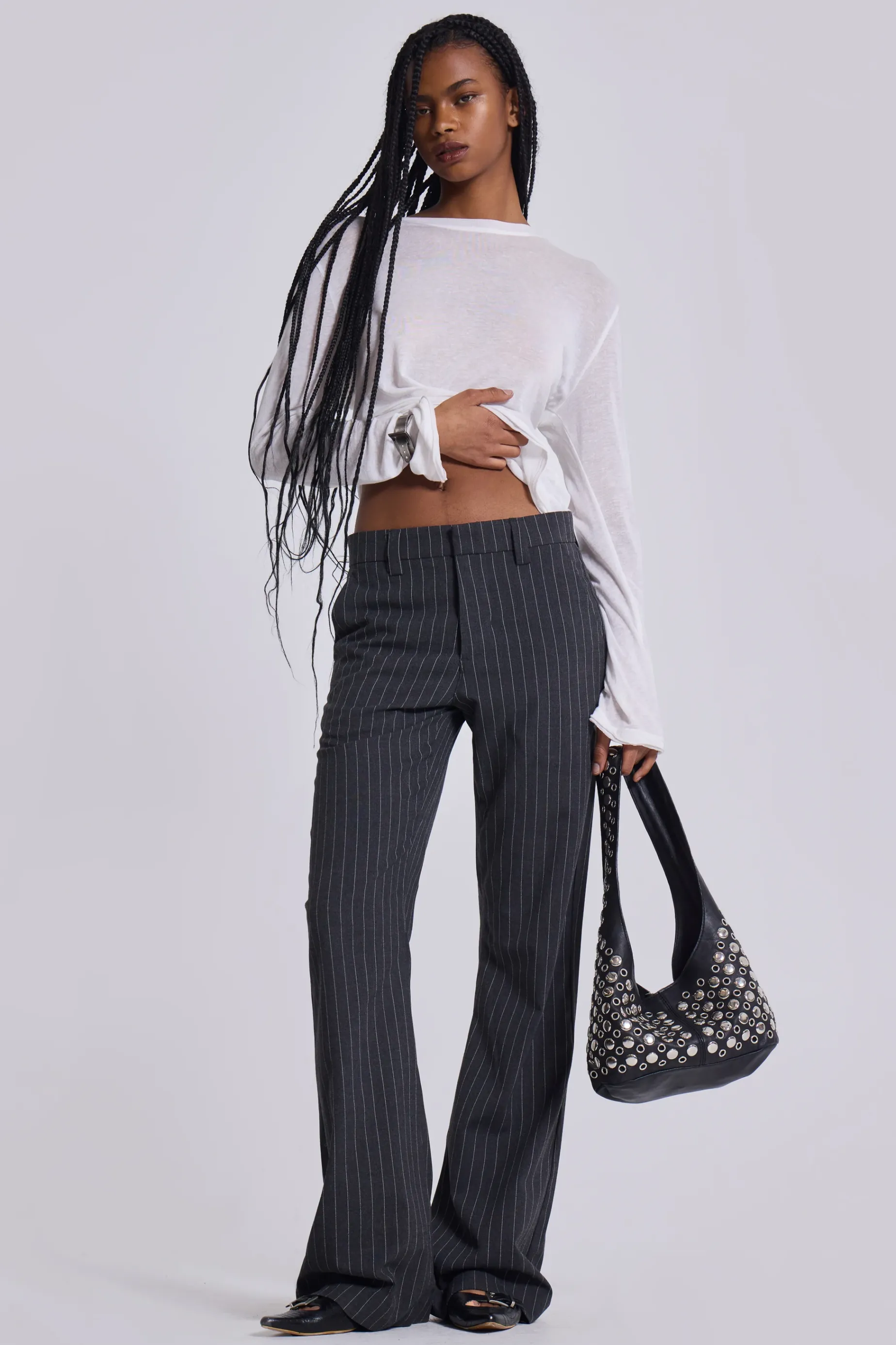 Jaded London Grey Pinstripe Stacked Bootcut Suit Pants-Women Trousers & Pants