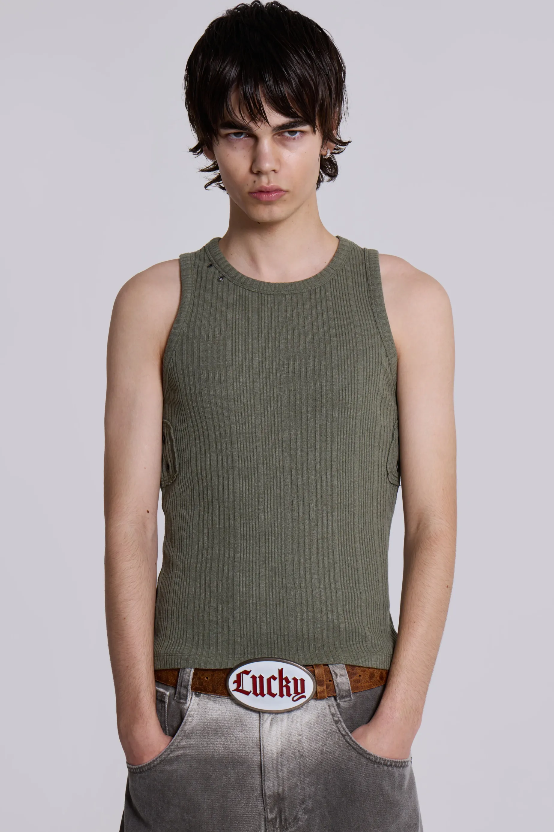 Jaded London Khaki Hardware Rib Vest- Tops