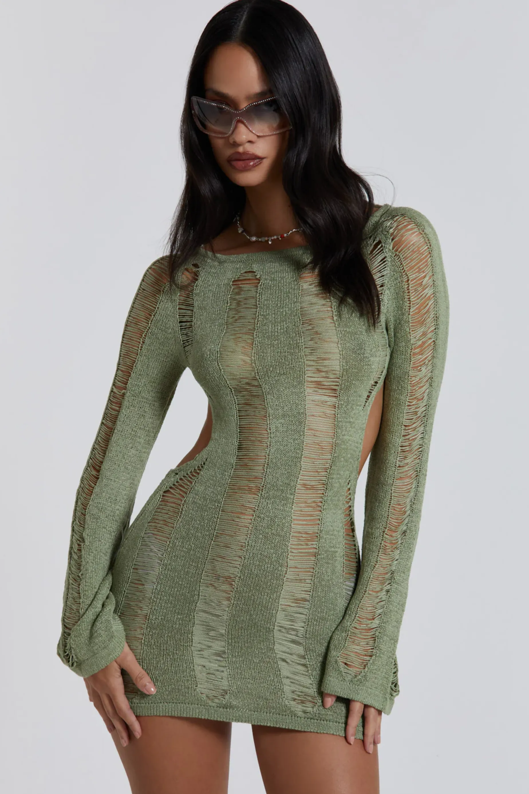 Jaded London Khaki Umbra Mini Dress-Women Knitwear