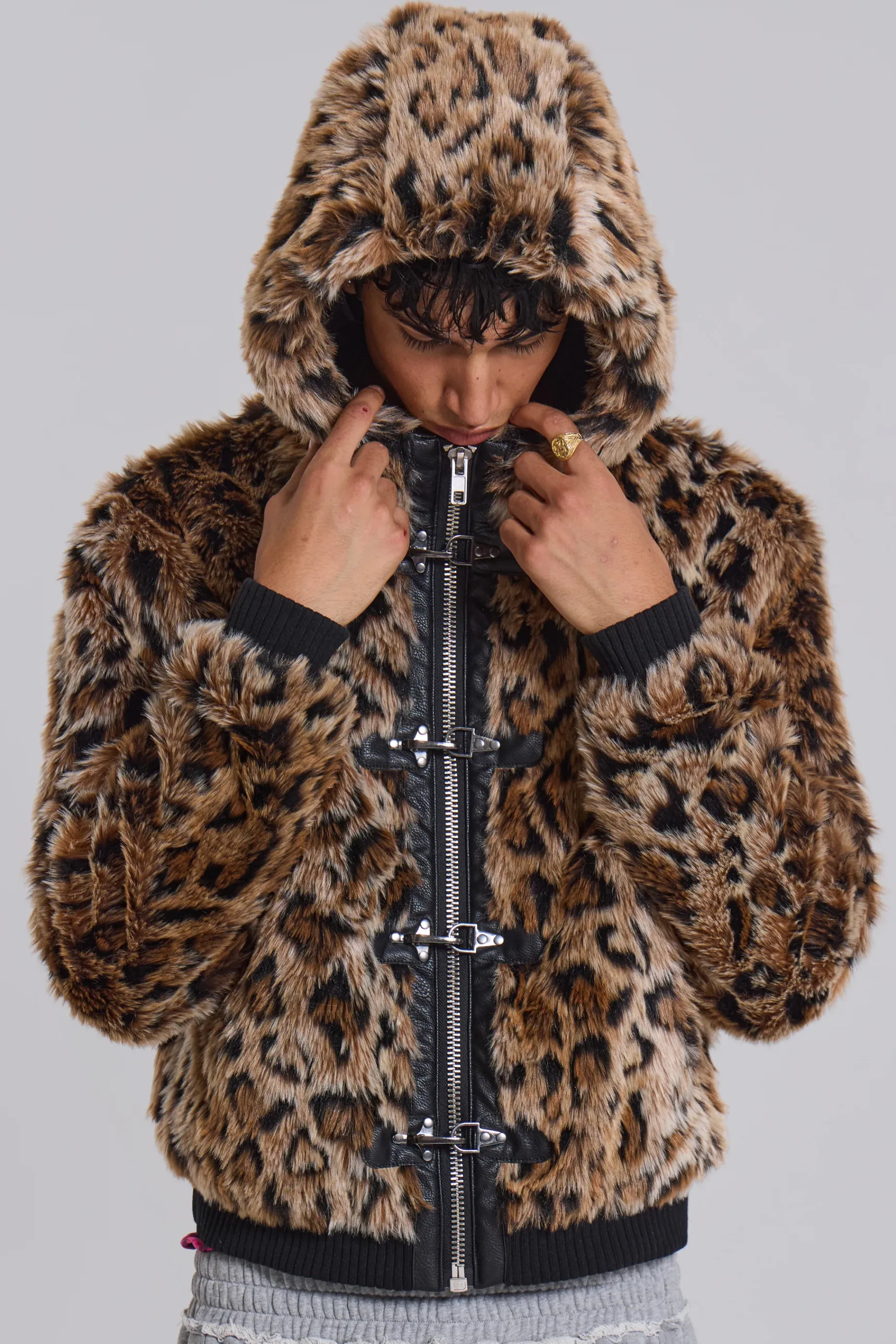 Jaded London Leopard Faux Fur Hooded Mendoza Jacket- Outerwear