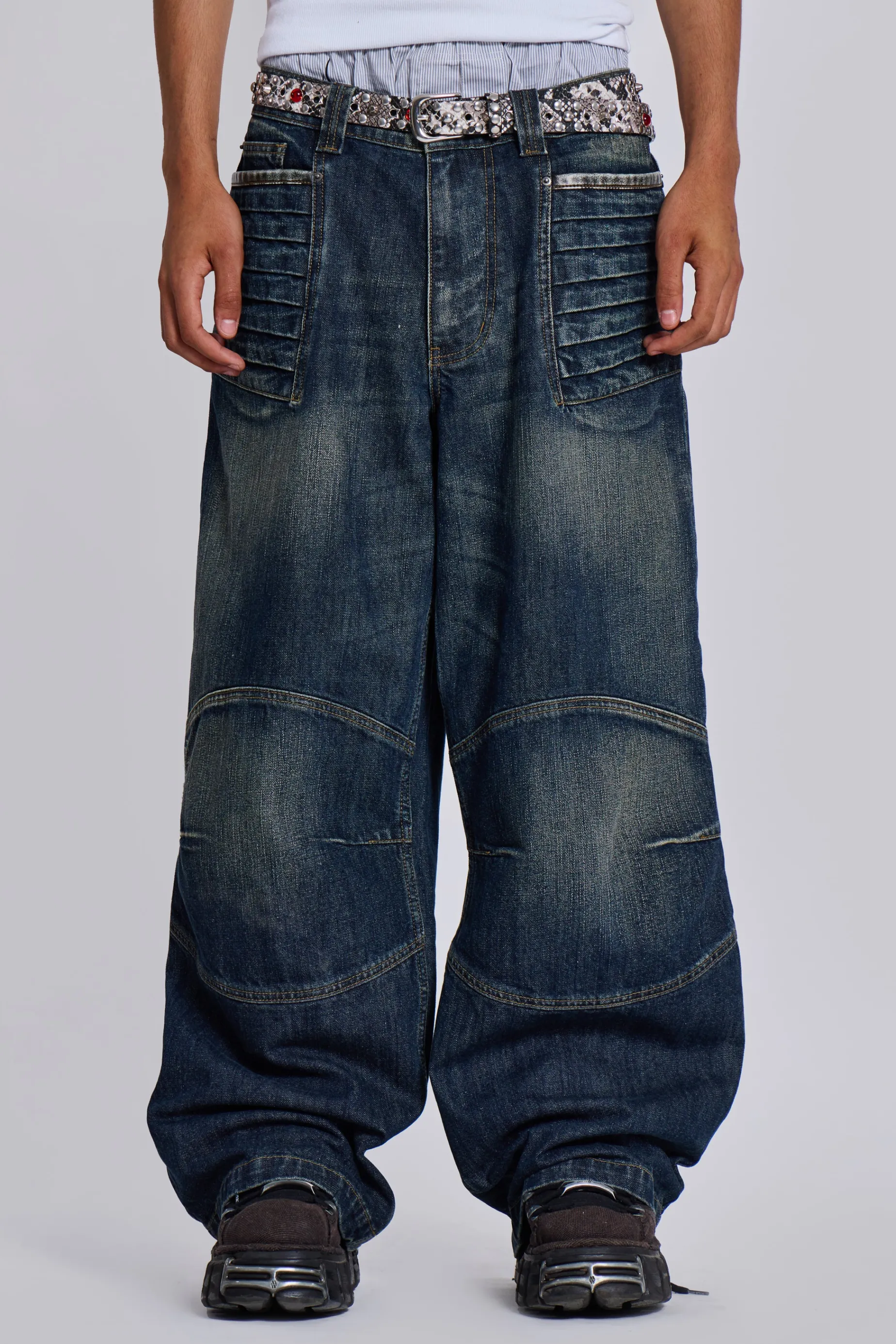 Jaded London Mid Blue Crash Biker Colossus Jeans- Baggy Jeans | Colossus Jeans