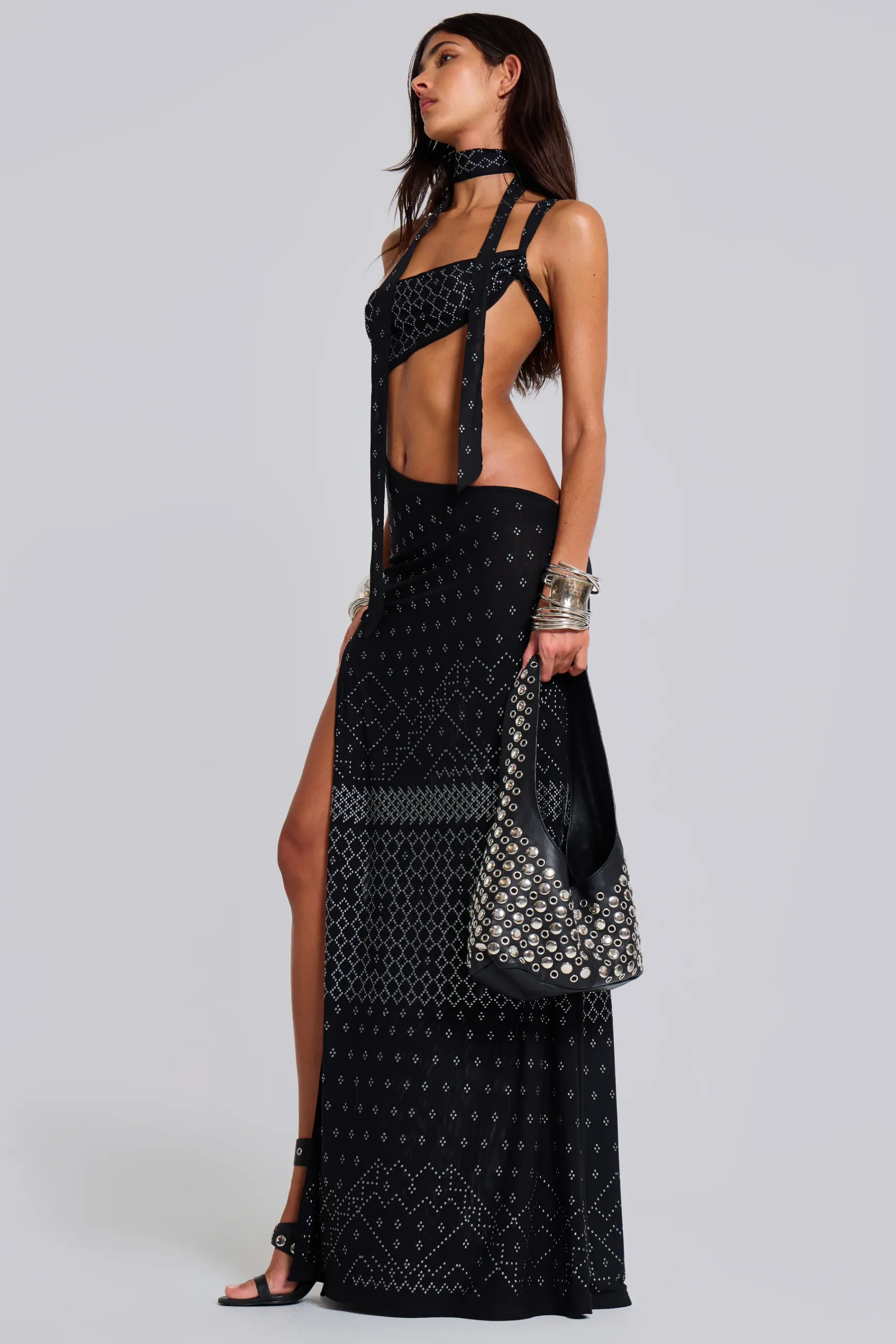 Jaded London Opaline Asymmetric Stud Maxi Dress-Women Maxi Dresses