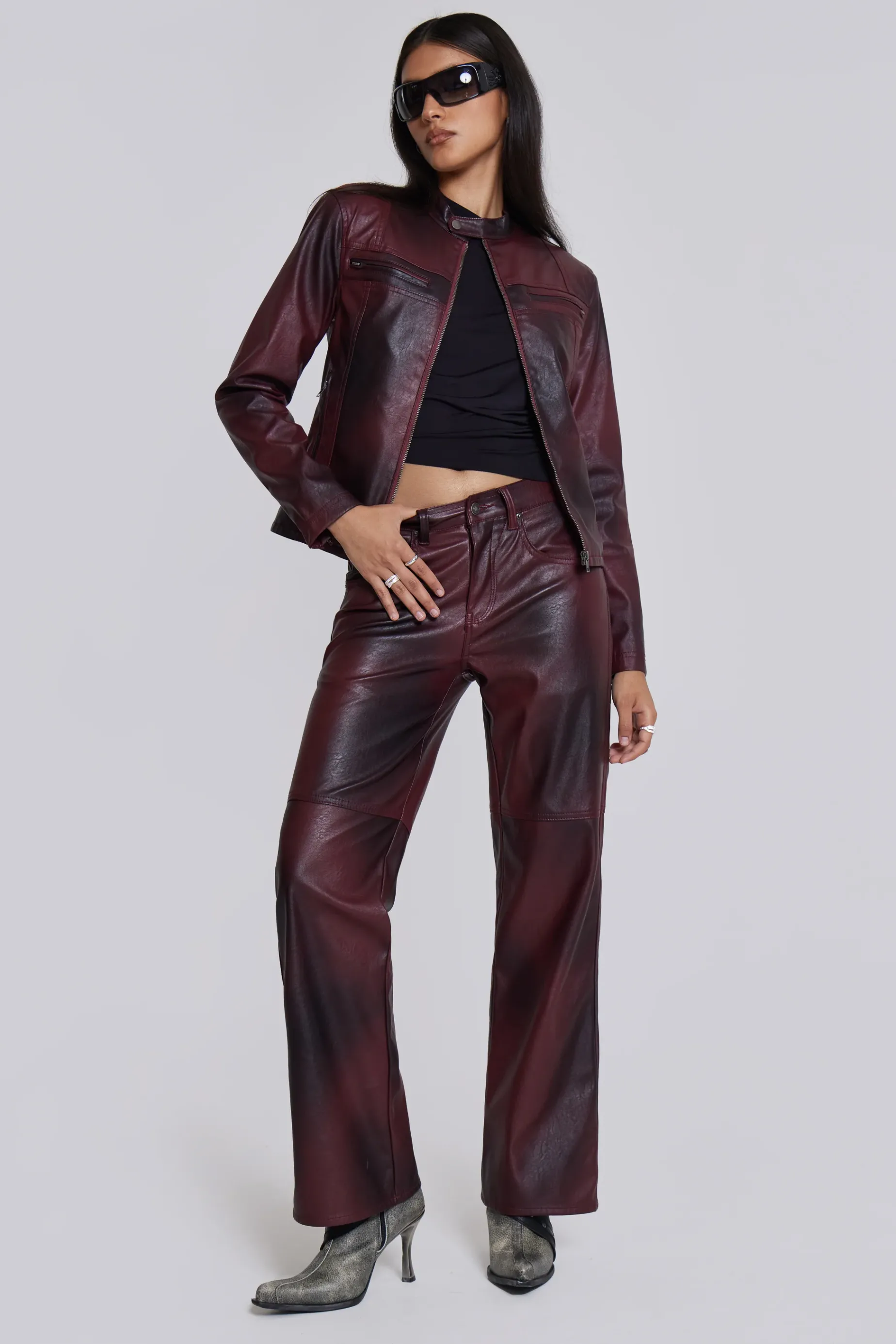 Jaded London Oxblood Faux Leather Pants-Women Trousers & Pants