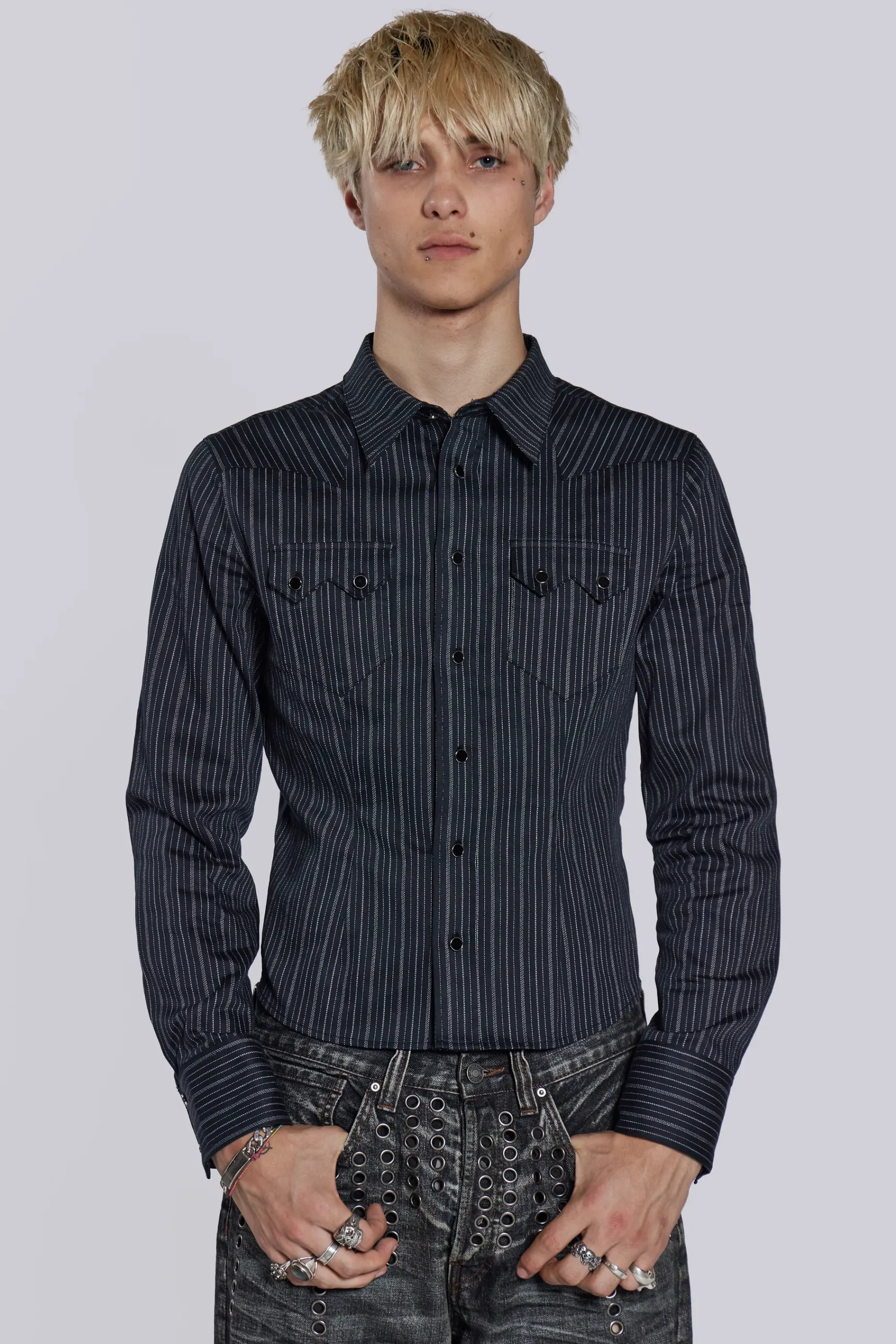 Jaded London Pinstripe Bronco Shirt- Tops