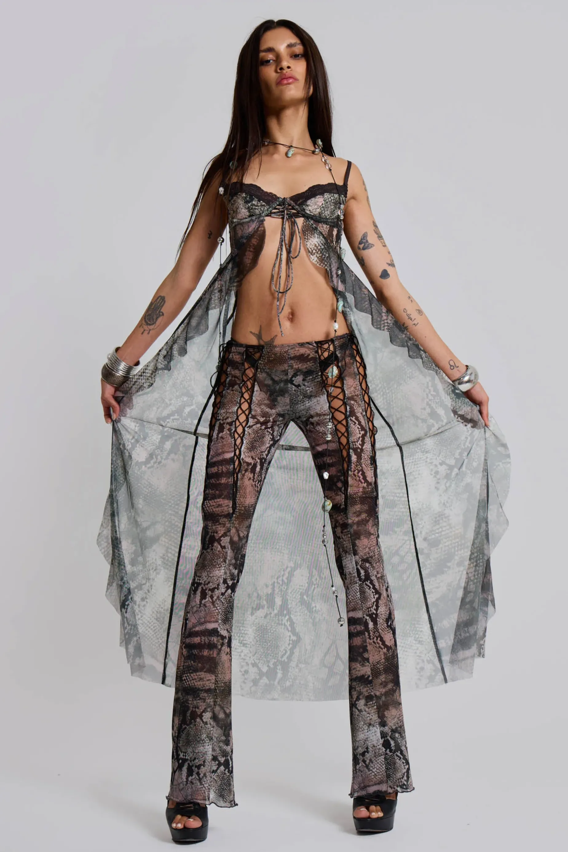 Jaded London Snake Laced Mesh Trousers-Women Trousers & Pants