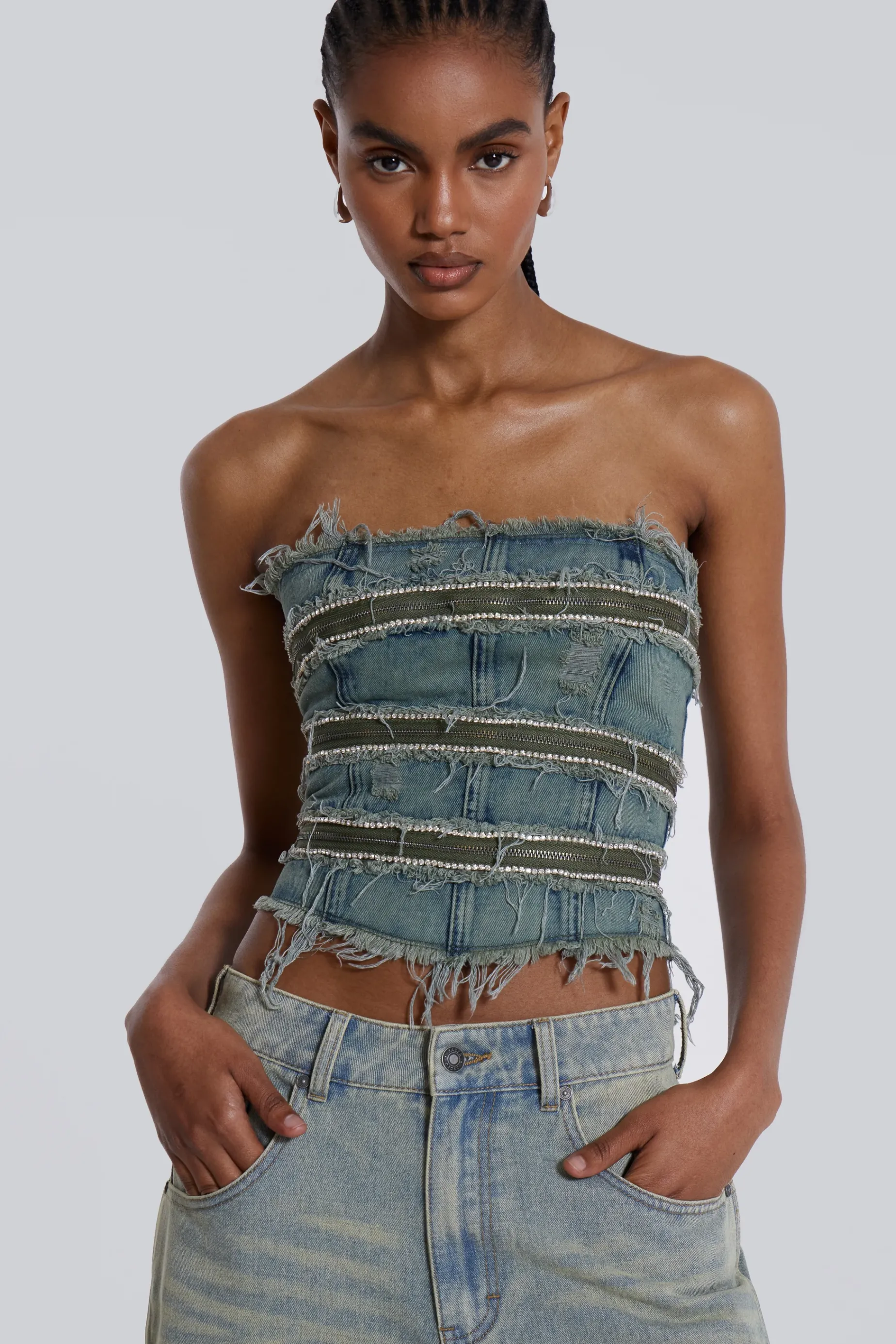 Jaded London Sub-Rosa Denim Corset Top-Women Corsets