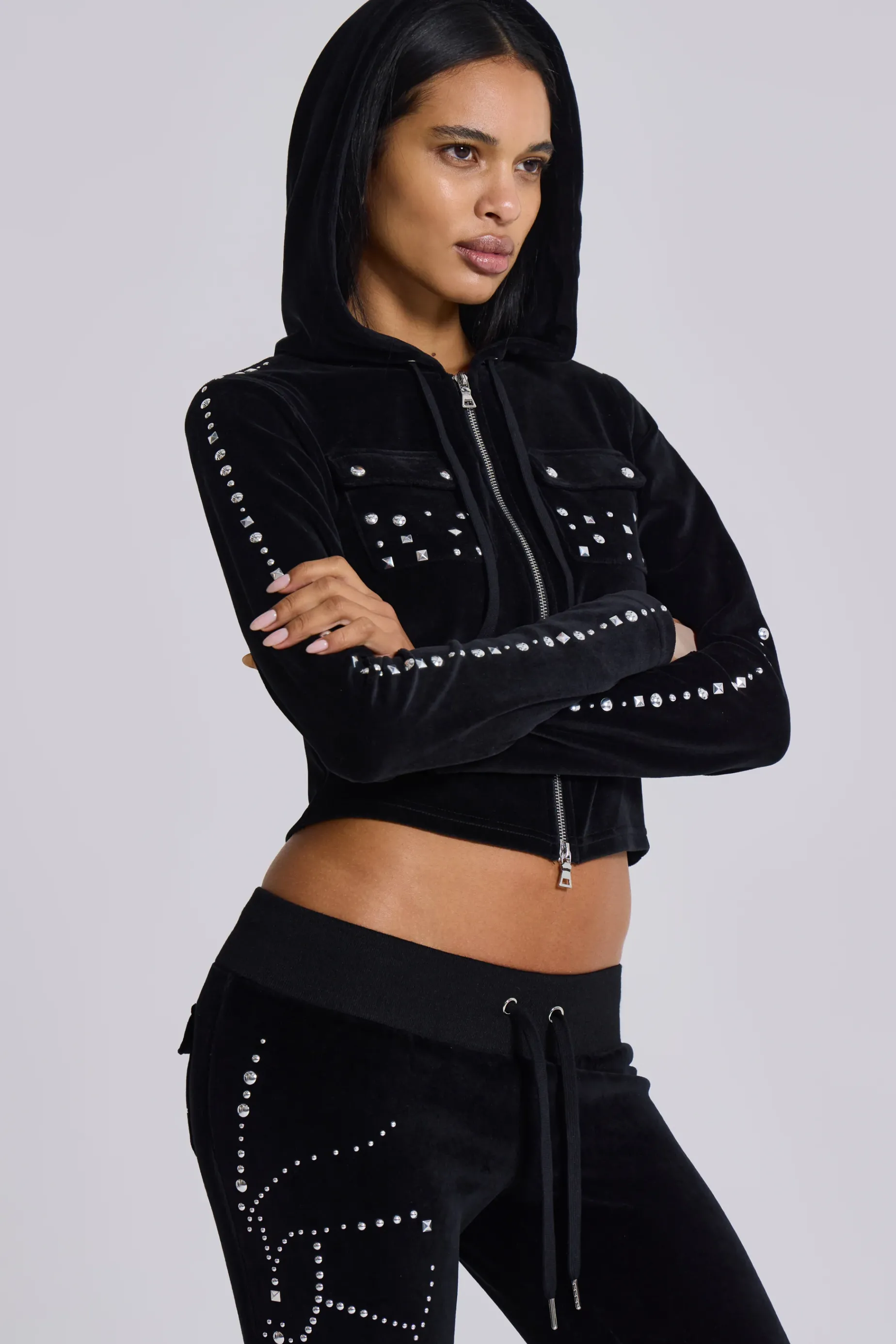 Jaded London Superset Studded Velour Fitted Hoodie-Women Hoodies & Sweatshirts | Hoodies & Sweatshirts