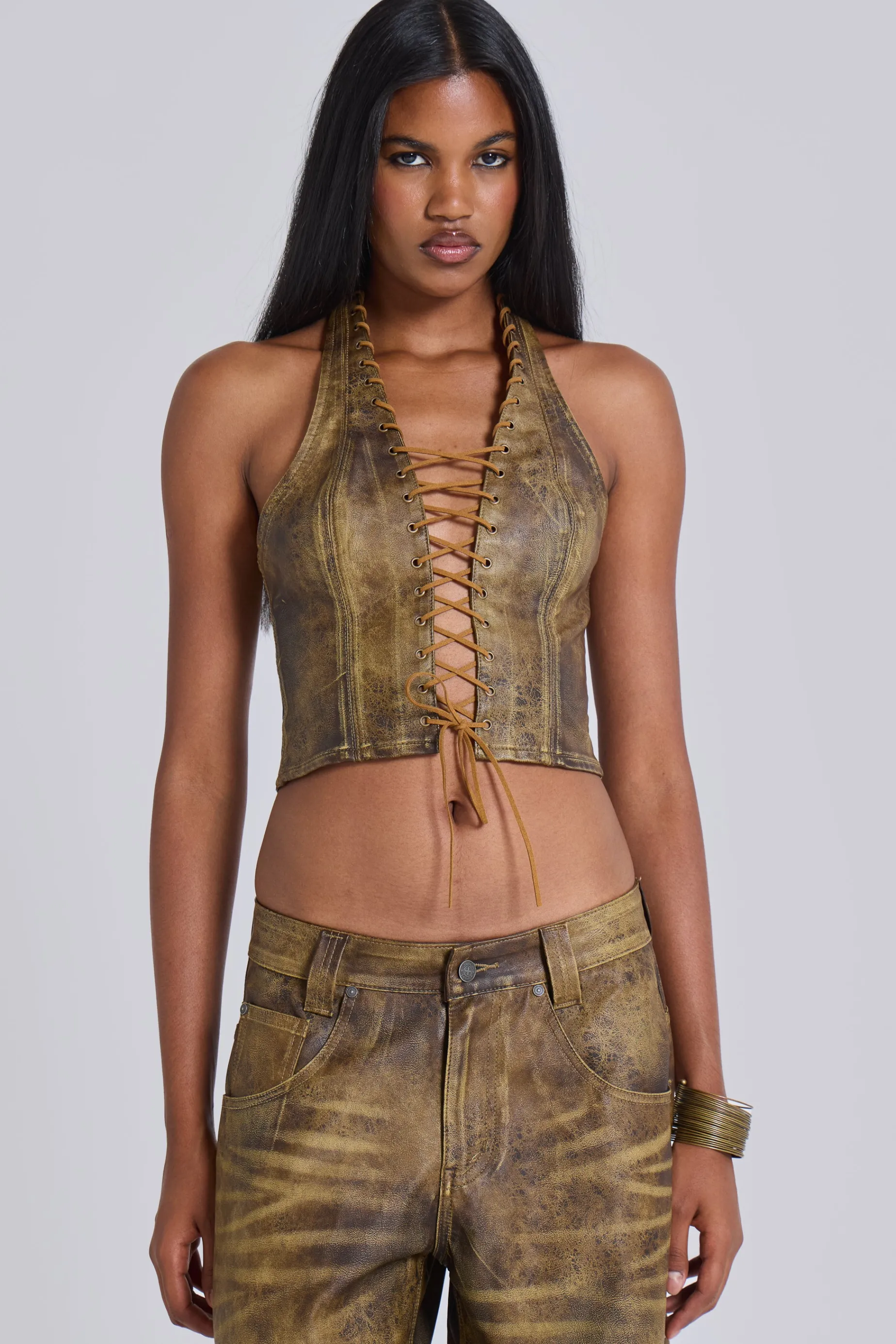 Jaded London Vaca Whipstitch Faux Leather Corset-Women Crop Tops | Corsets