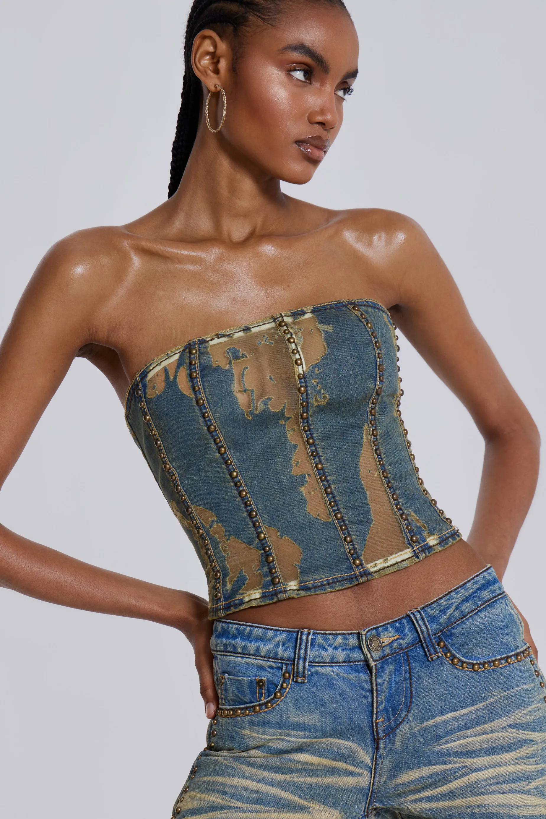 Jaded London Vega Denim Corset Top-Women Bandeau | Crop Tops