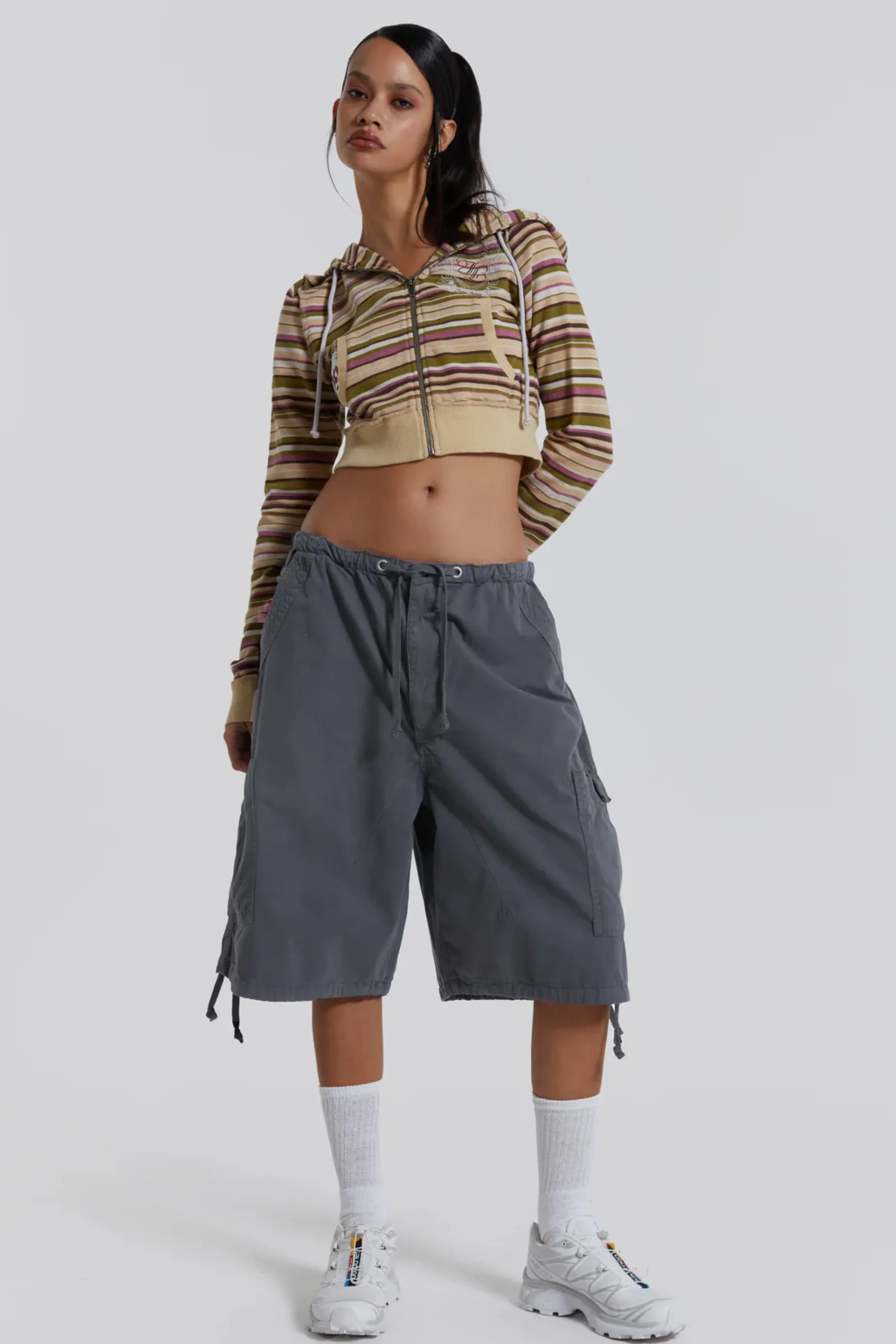 Jaded London Vintage Grey Parachute Cargo Shorts-Women Parachute Pants | Parachute Pants