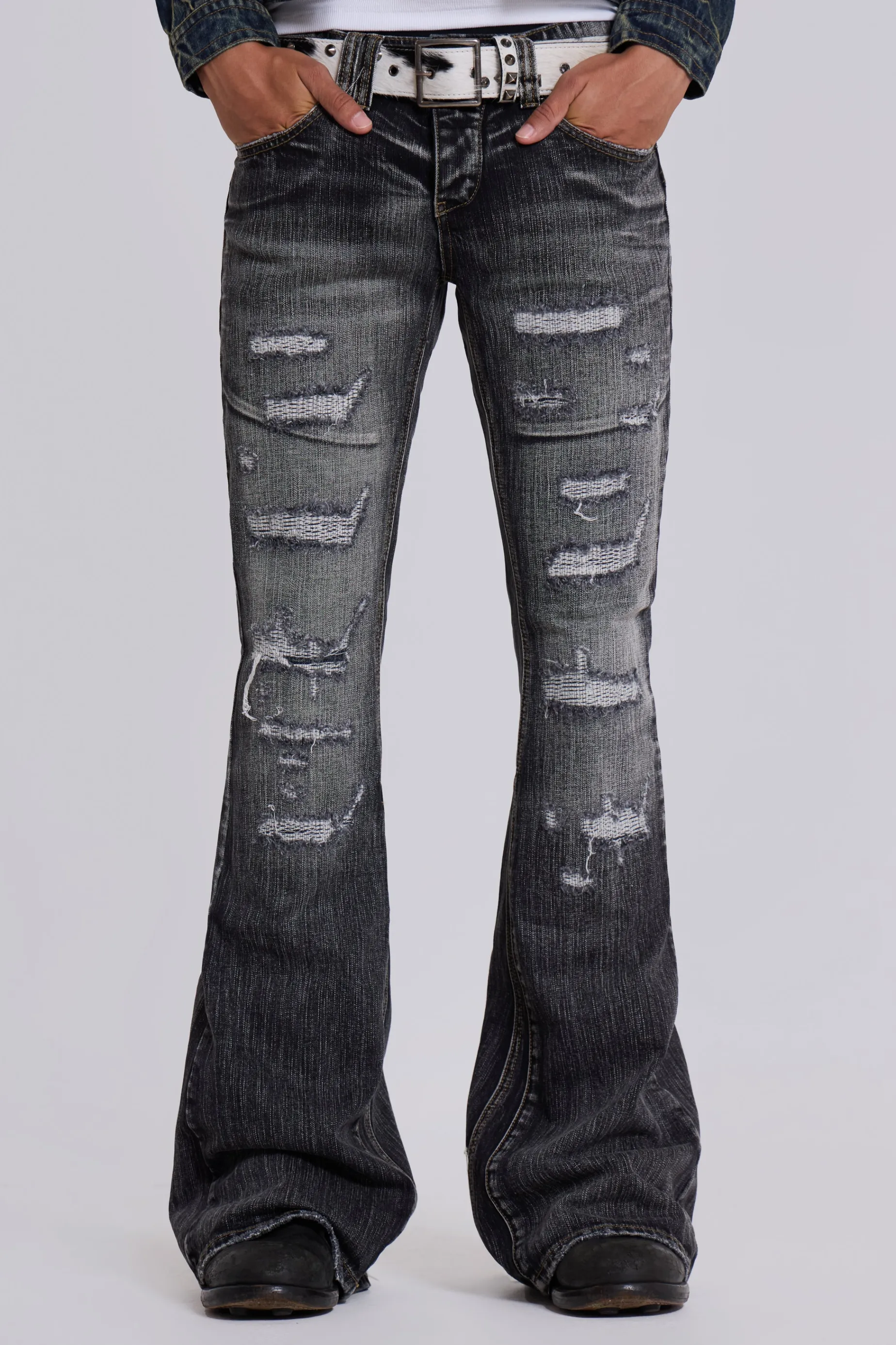 Jaded London Washed Black Laced Bootcut Jeans- Bootcut Jeans