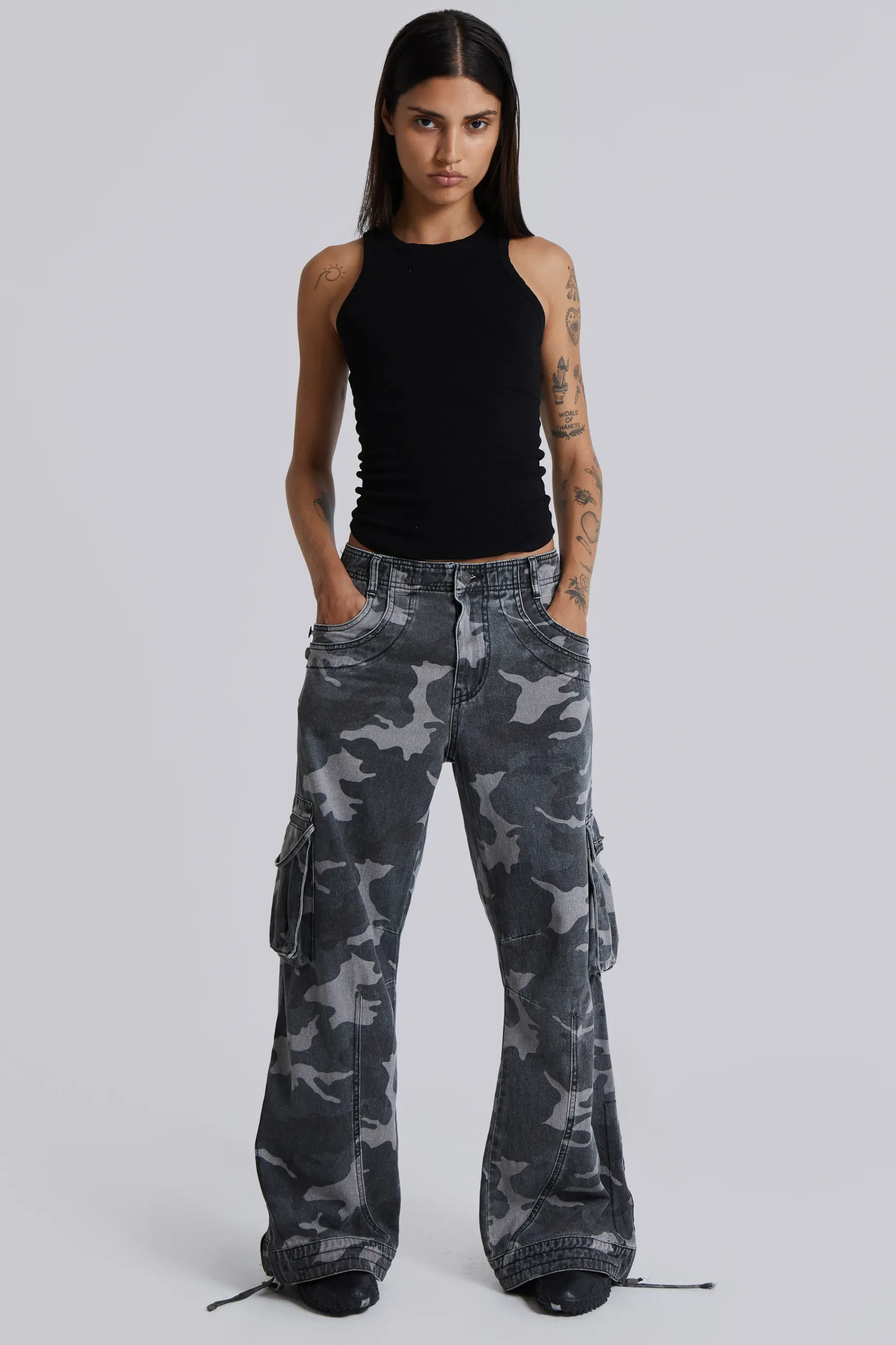 Jaded London Washed Black Trooper Camo Cargo Pant-Women Camo Pants | Jeans