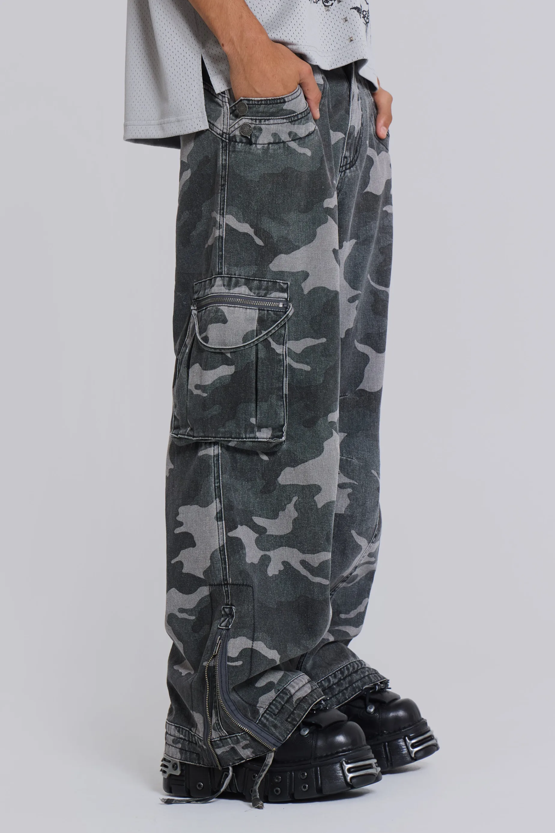 Jaded London Washed Black Trooper Camo Cargo Pant- Cargo Pants | Cargo Pants