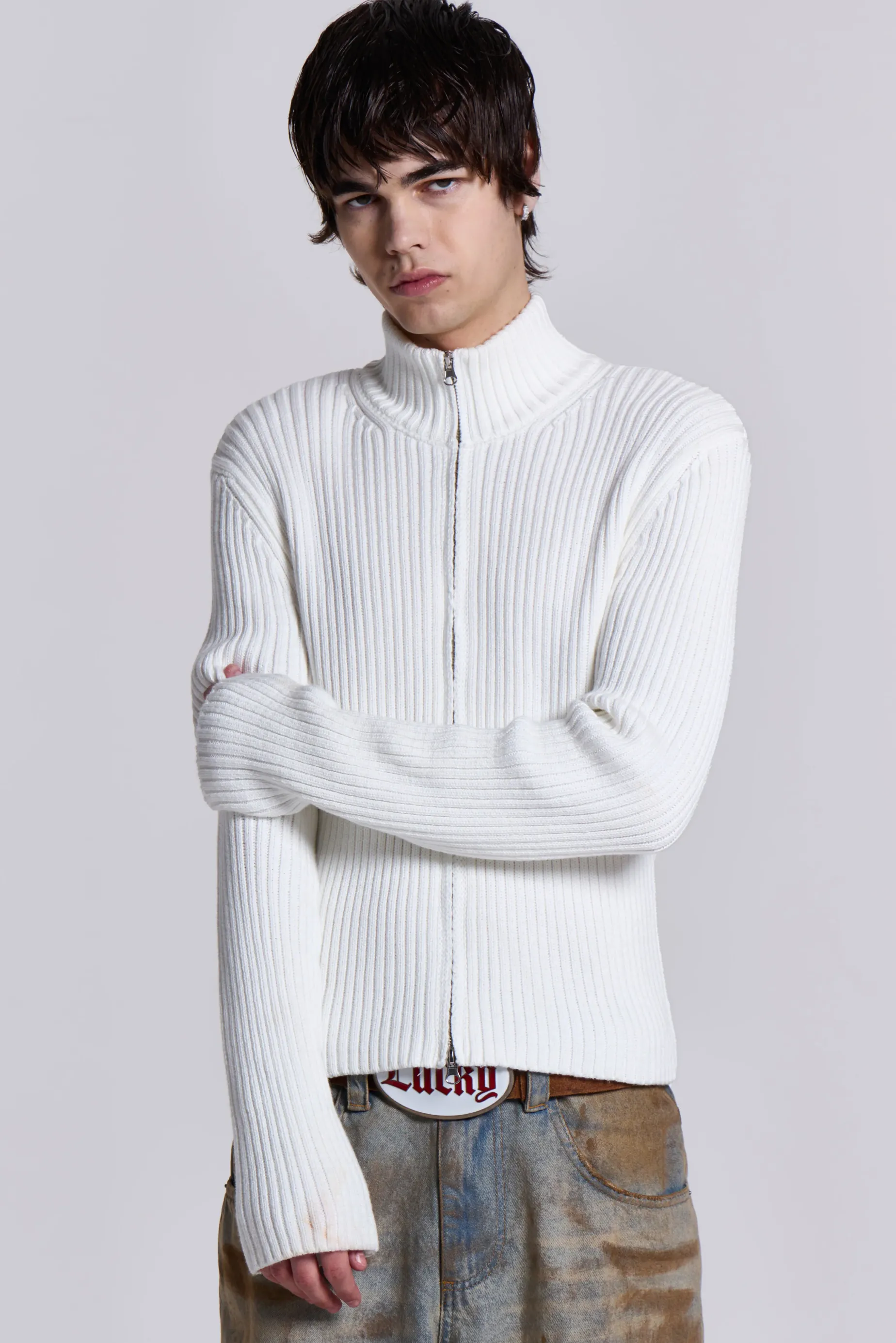 Jaded London White Lucid Knit Track Top- Knitwear | Knitwear